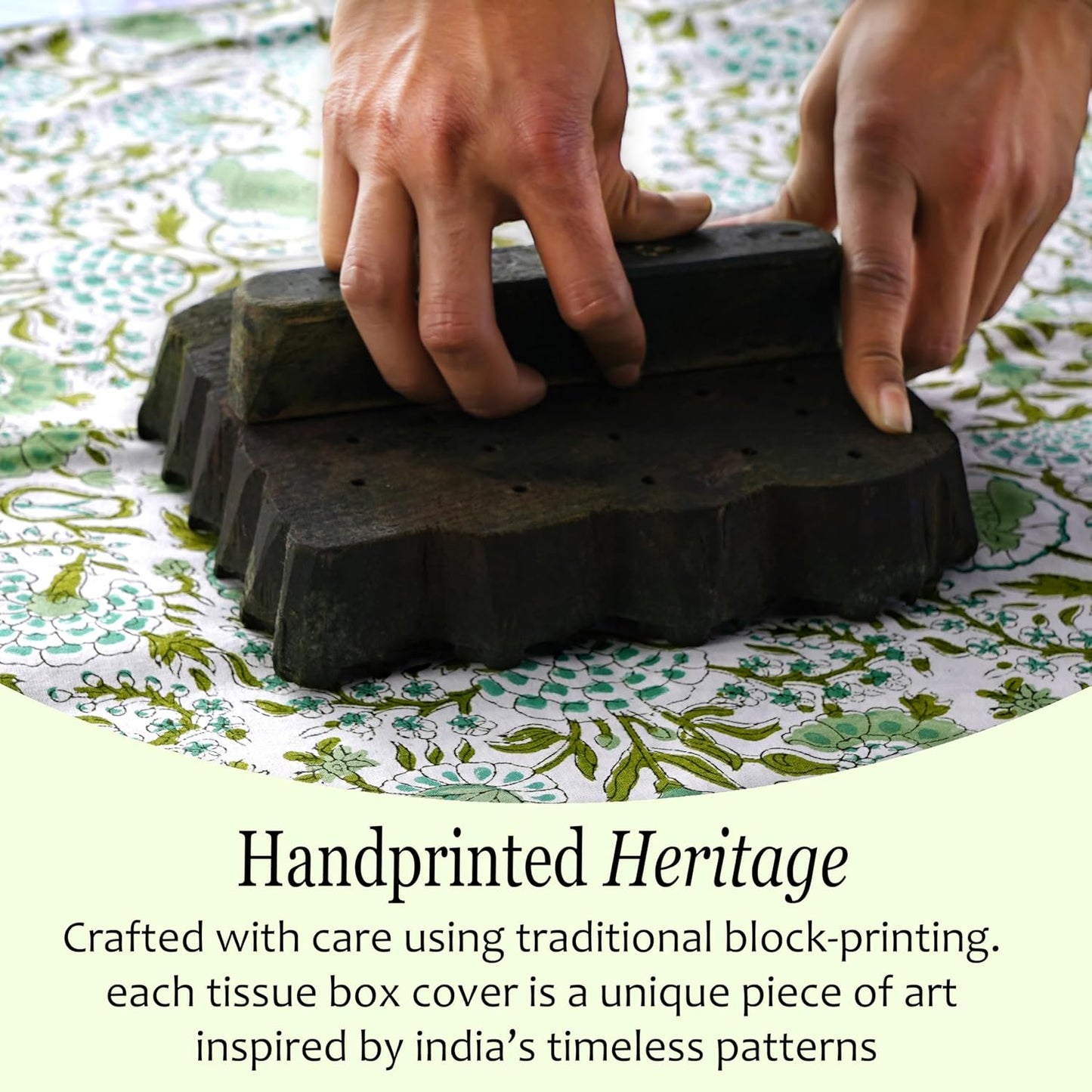 CPC Hand Block Printed Cotton Tissue Box Cover " Square Soft Reusable / Agate Green / 5 x 5 x 5.5