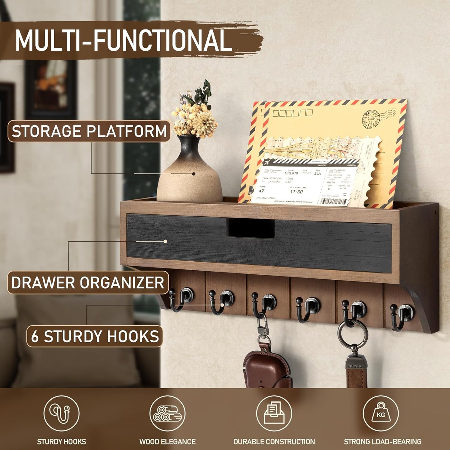 Pine Wood Key Holder Wall Mount / Brown & Black / 1-drawer