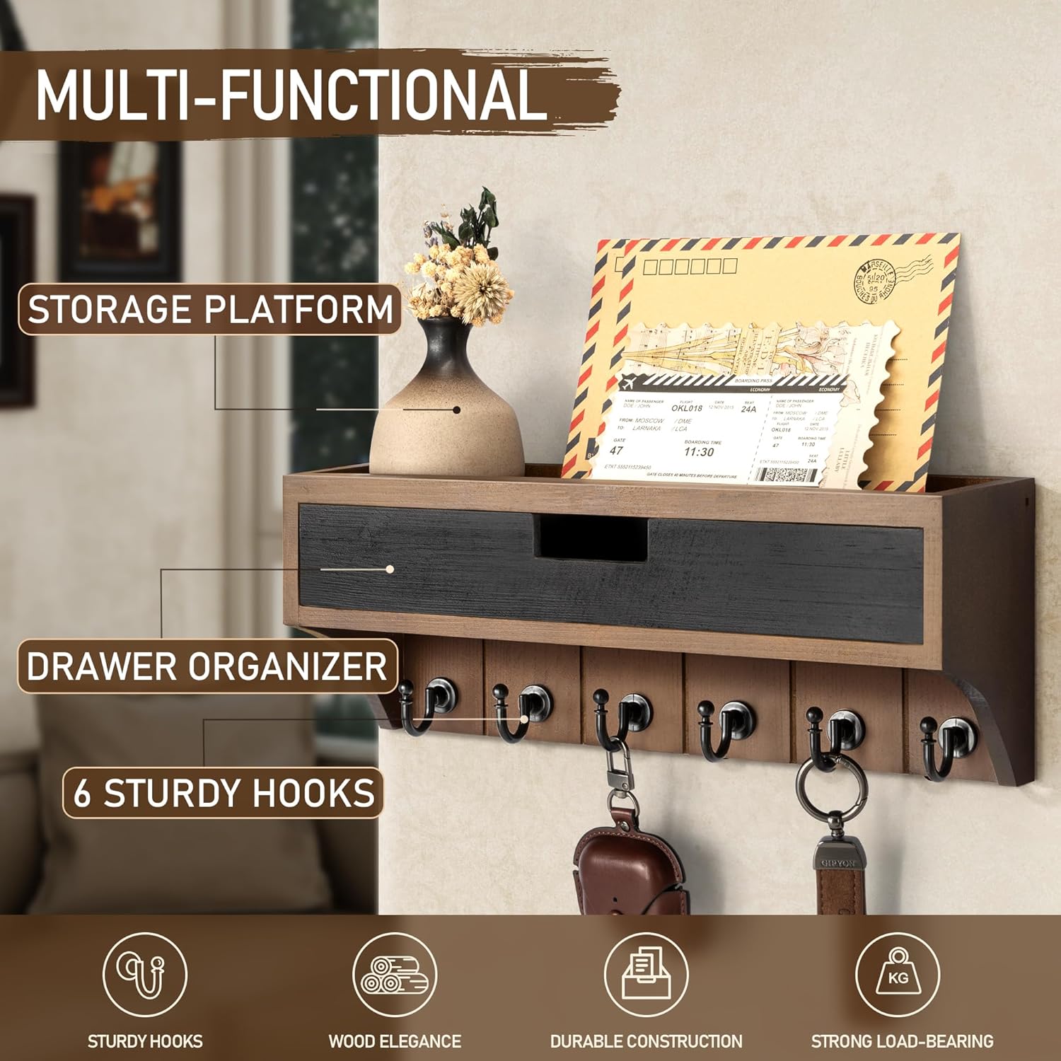 Pine Wood Key Holder Wall Mount / Brown & Black / 1-drawer