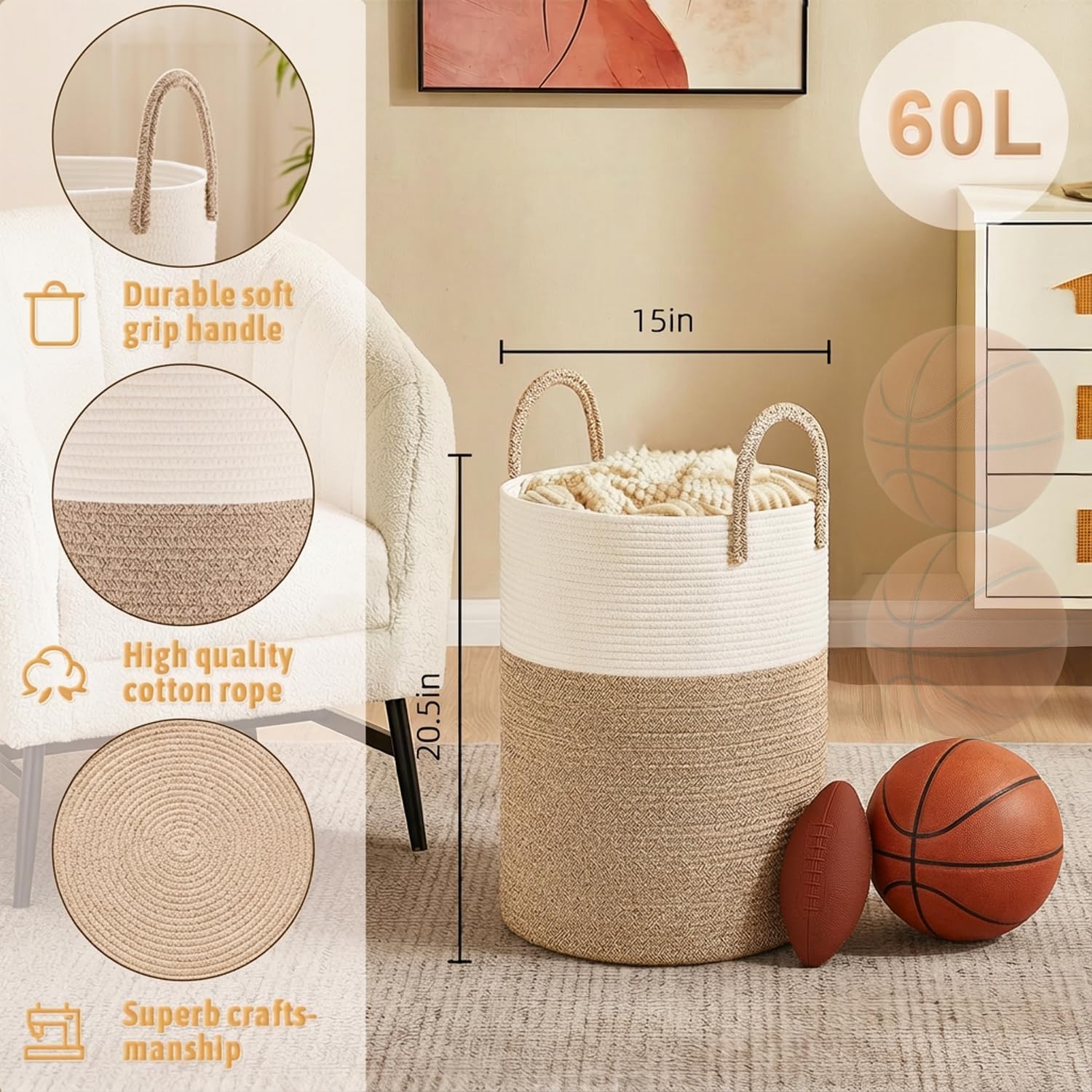 Laundry Basket / Woven Cotton Rope Laundry Hamper / Brown / 60L