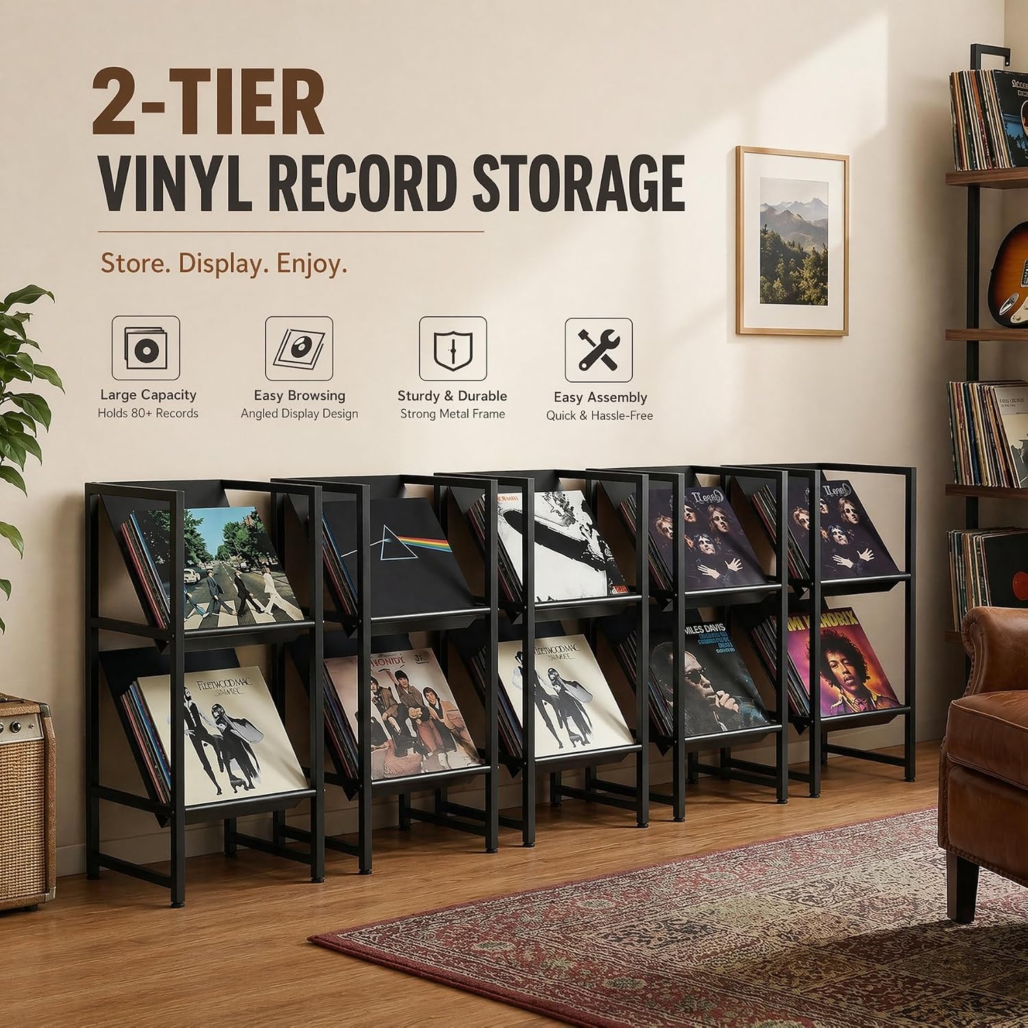 2-Tier Black Metal Vinyl Record Storage Holder for Collection | Conceptual Design, Sturdy Black Metal Frame, 2-Tier