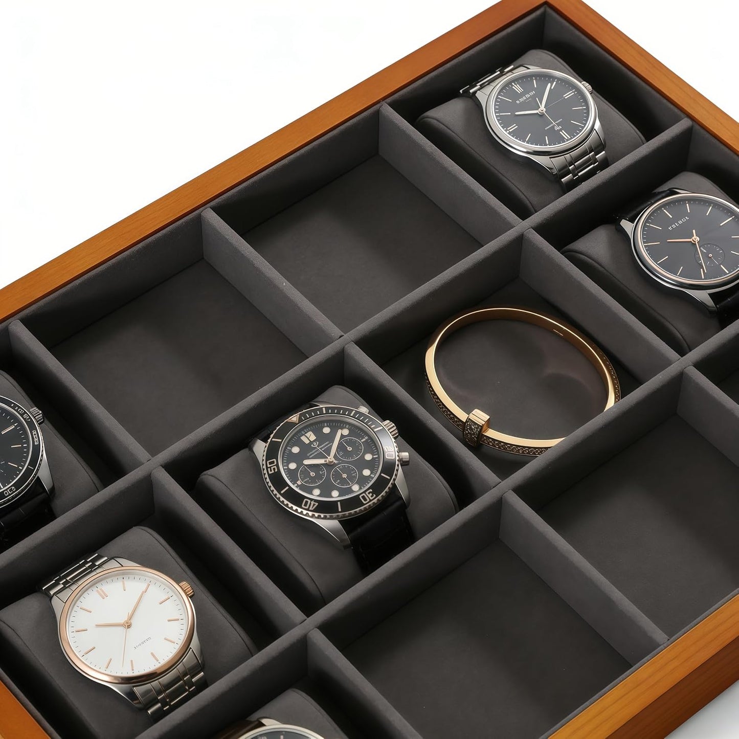 Wood Flat Jewelry Tray 12 Grid Display Wood / Gray / Bracelet Tray-w 9.45" x H 1.18"x L 13.78