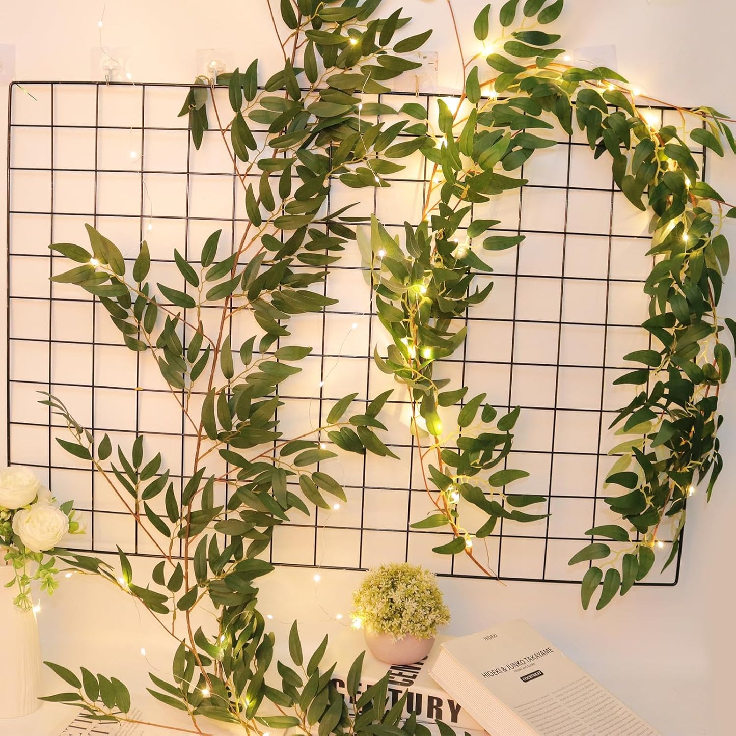 Light 2Pc Fake Silk Green Leaves Ivy Garland Faux / Green with Lights / 5.7 Inch