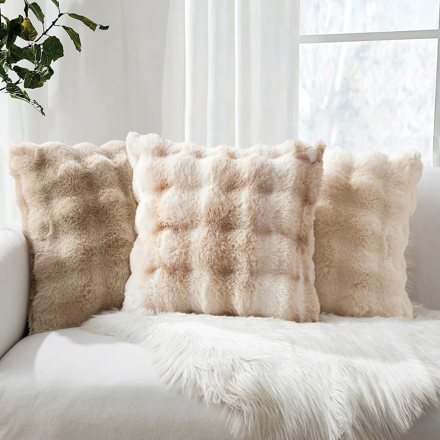Faux Fur Pillow Covers Thick Soft Plush Throw Pillows Spring Home / 20 x 20 / White-beige / Set of 2