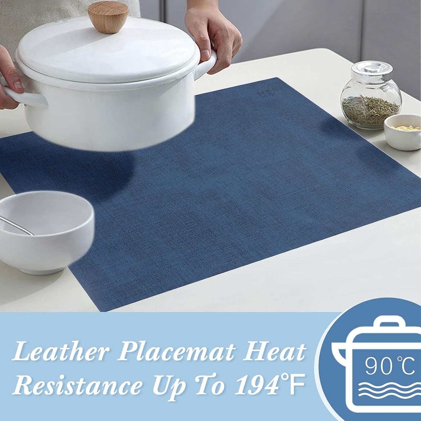 Leather Placemats Table Mats Set of 6, Navy Blue & Light Blue | Reversible Non-Slip Table Placemats, Heat-Resistant and