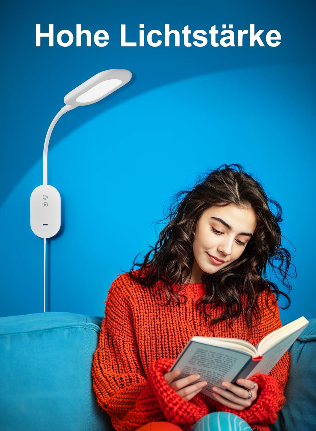 Wall Mounted Reading Light, Book Lights for Reading in Bed with CRI 95+ for Eye Care, 4 Color 5 Dimmable, 2A USB