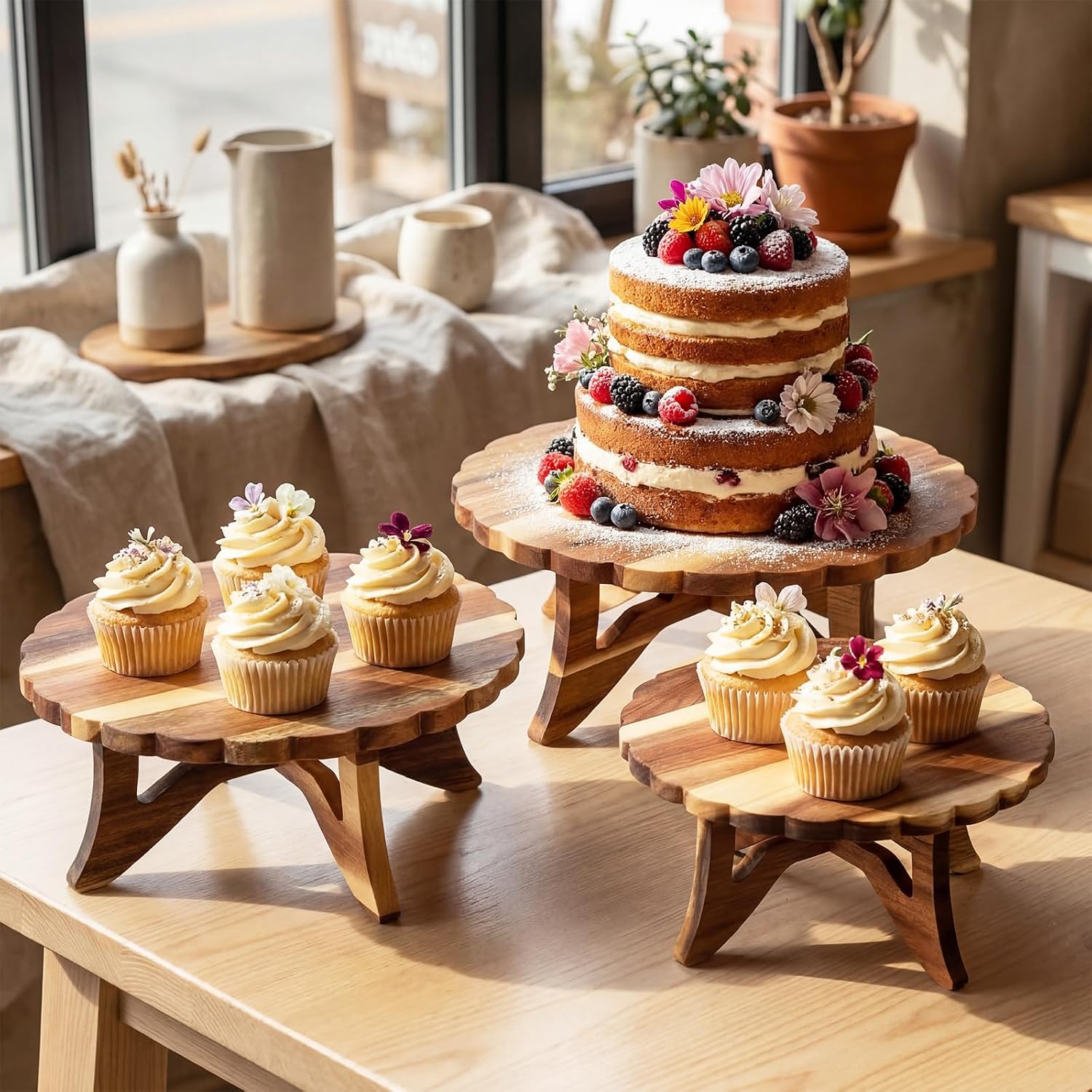 Farmhouse Wood Cake Stand 12'' 10'' 8'' Acacia Wooden Rustic Cupcake Holder / Lace / Set of 3