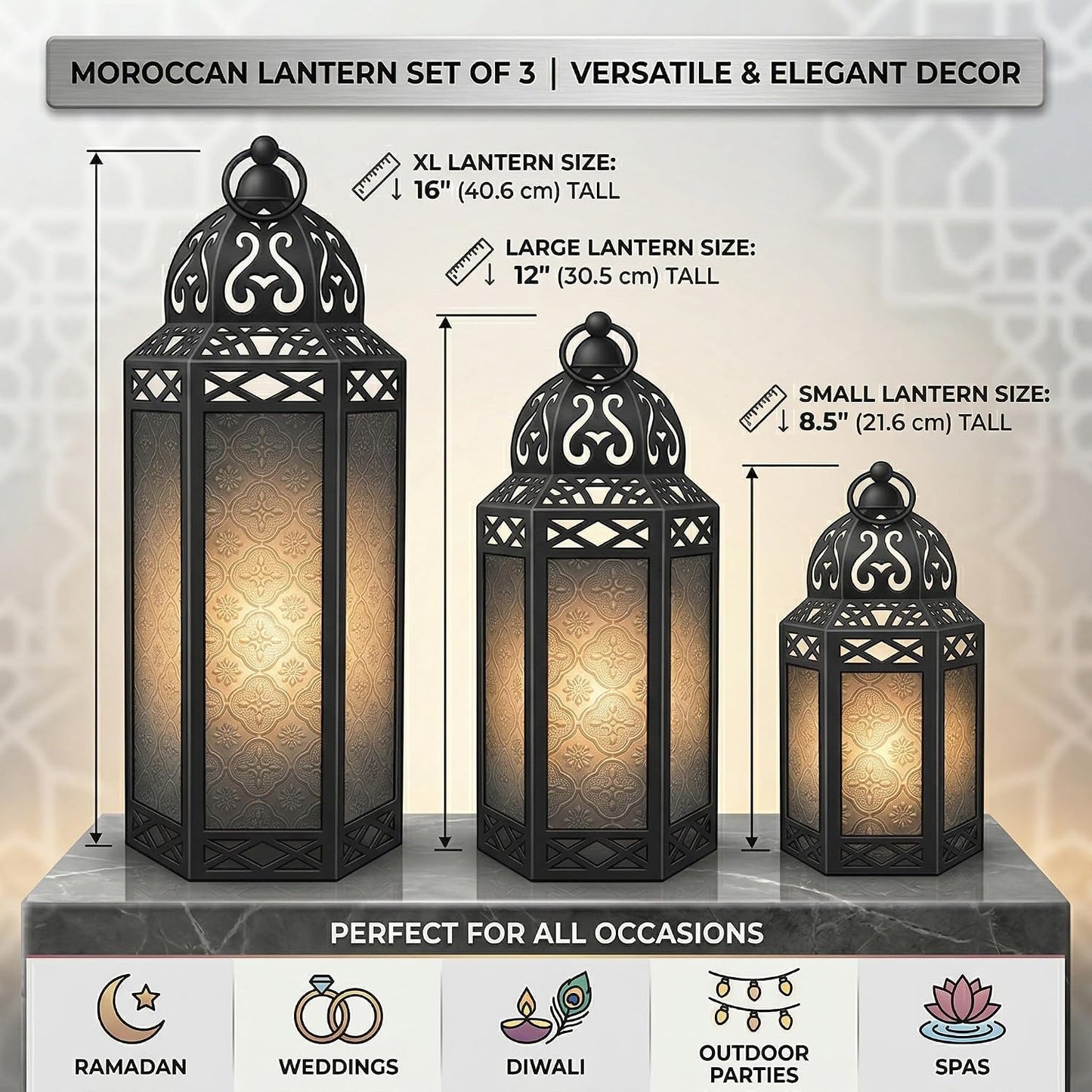 VELA LANTERNS Set of 3 Purple Glass & Black Metal Moroccan Candle Lantern Holders (XL, Large, Small) - Decorative