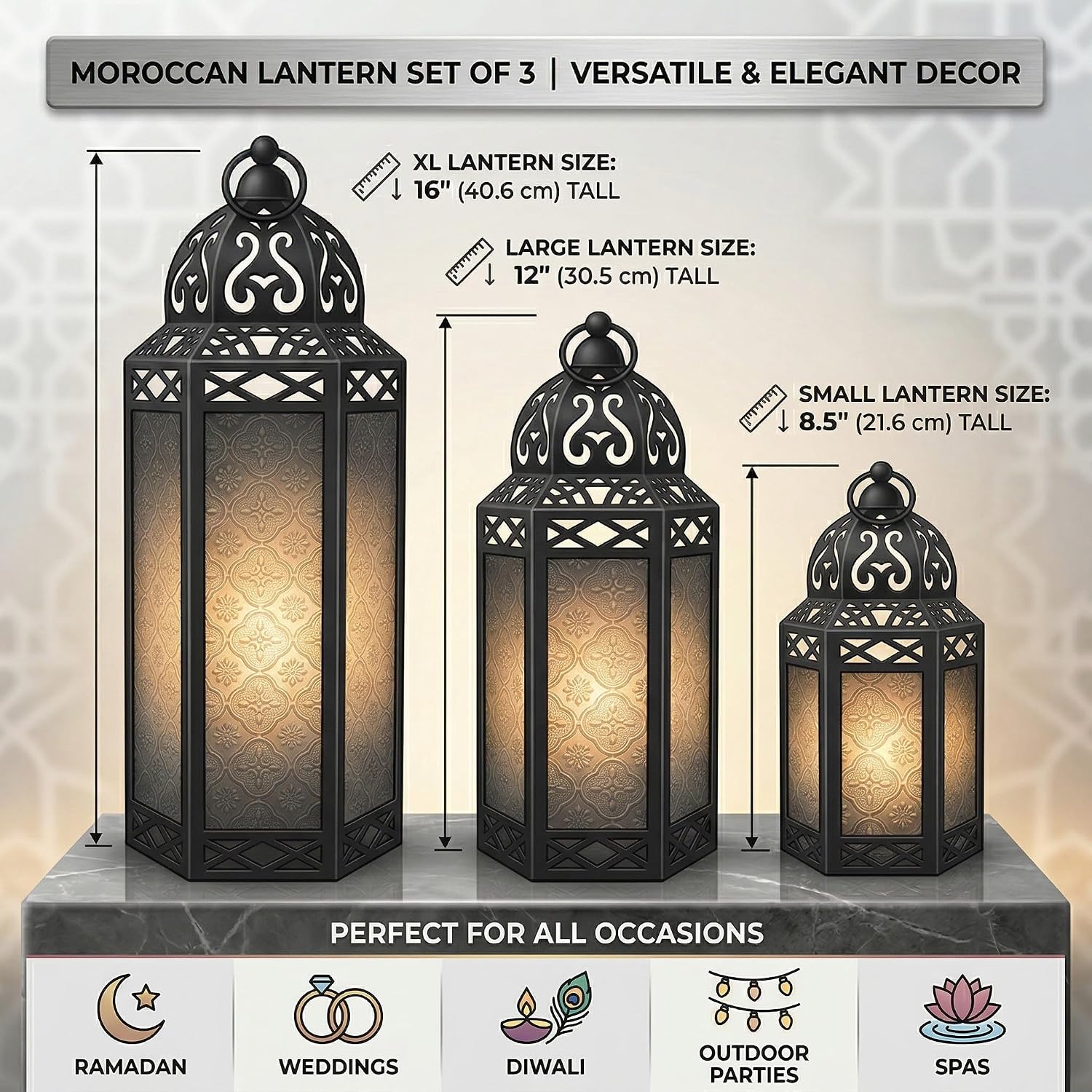 VELA LANTERNS Set of 3 Purple Glass & Black Metal Moroccan Candle Lantern Holders (XL, Large, Small) - Decorative