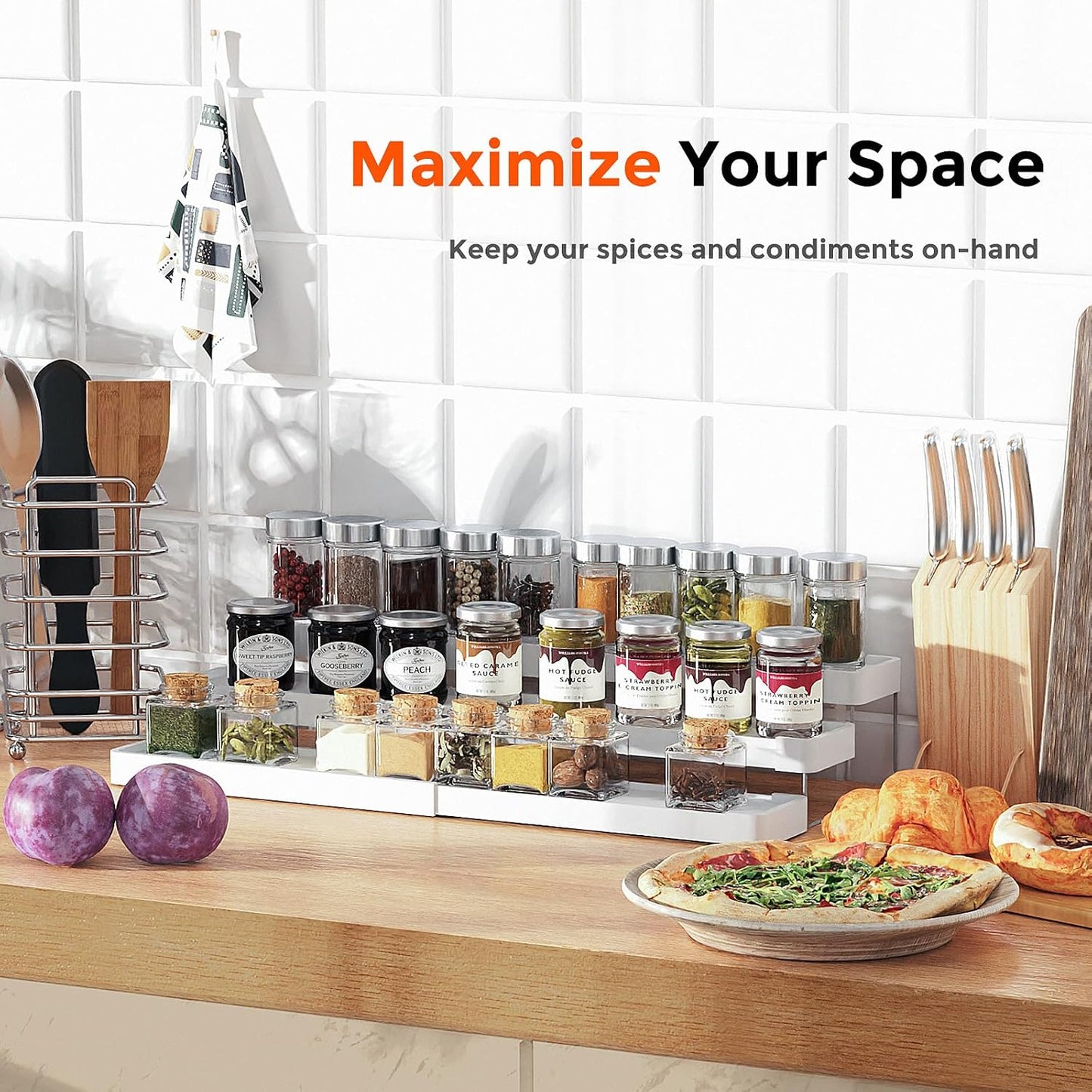 2 Pack Expandable Spice Rack Organizer for Cabinet - 3 Tier Adjustable Cabinet Spice Organizer Easy Visibility - Spice