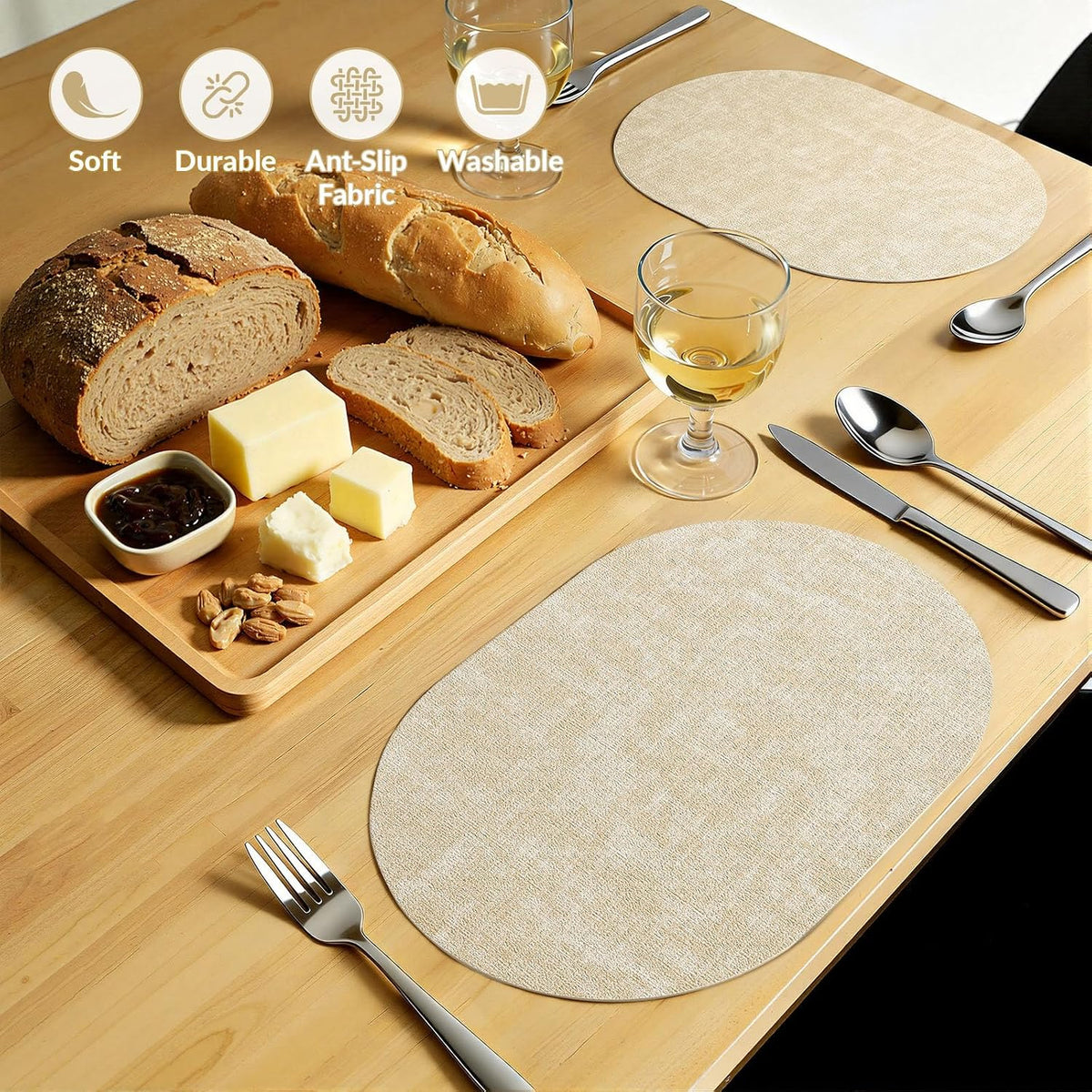Placemats Set of 6, 11.8 x 17 Inch, Beige | Heat Resistant Oval Faux Leather Place Mats, Waterproof Wipeable Reversible