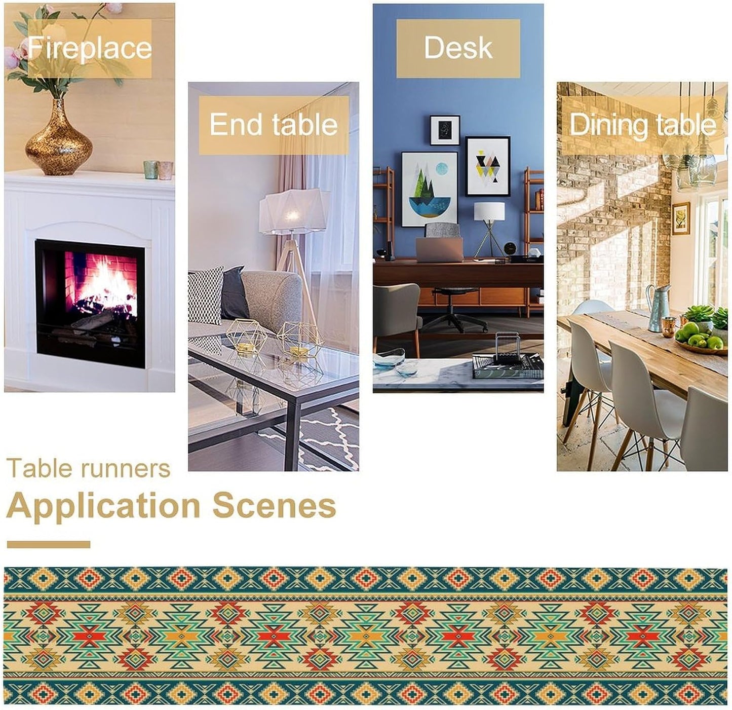 Aztec Southwest Table Runner,Ethnic Style Design Boho Geometric Pattern Printed Linen Table Runner for Home Kitchen