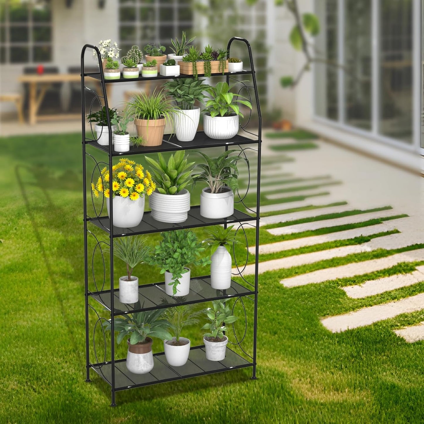 VyGrow 5 Tier Plant Stand Indoor Outdoor, Heavy Duty Plant Shelf, Metal Mesh Tall Plant Stands Holder Rack for Living