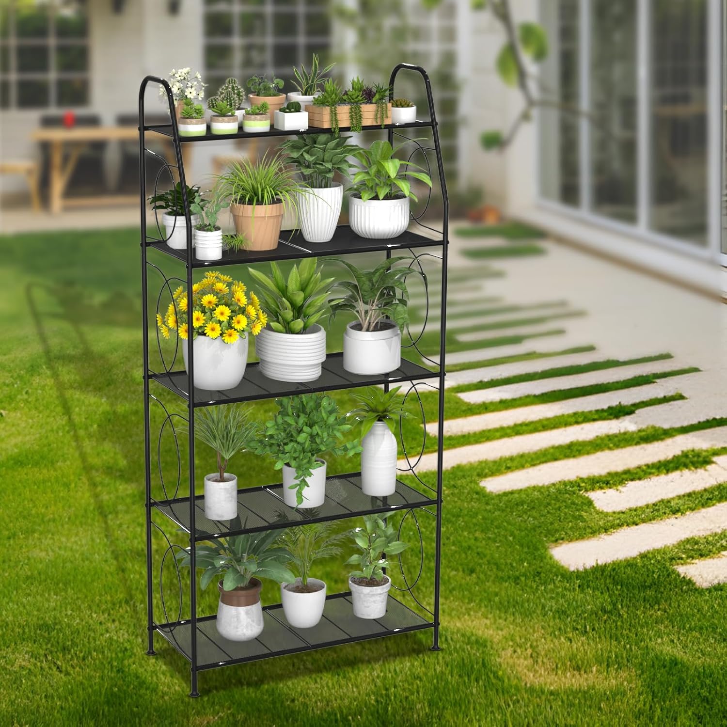 VyGrow 5 Tier Plant Stand Indoor Outdoor, Heavy Duty Plant Shelf, Metal Mesh Tall Plant Stands Holder Rack for Living