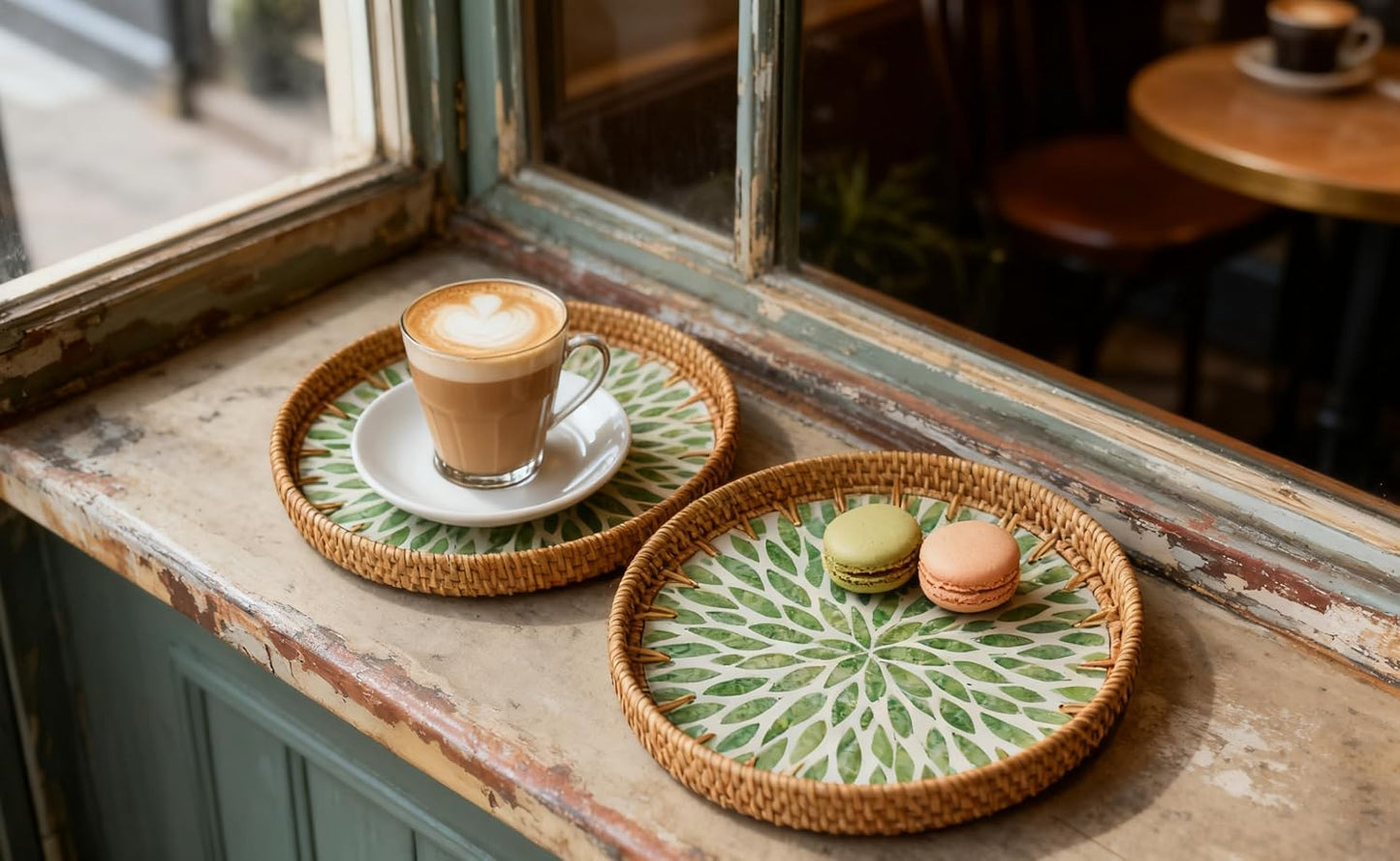 Round Rattan Tray / Emerald Bloom / Set of 3