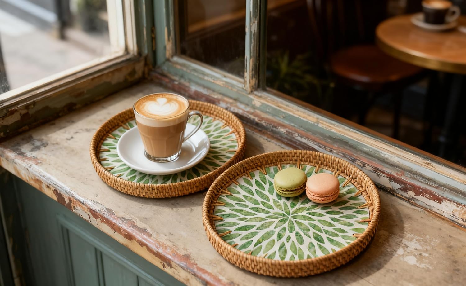 Round Rattan Tray / Emerald Bloom / Set of 3