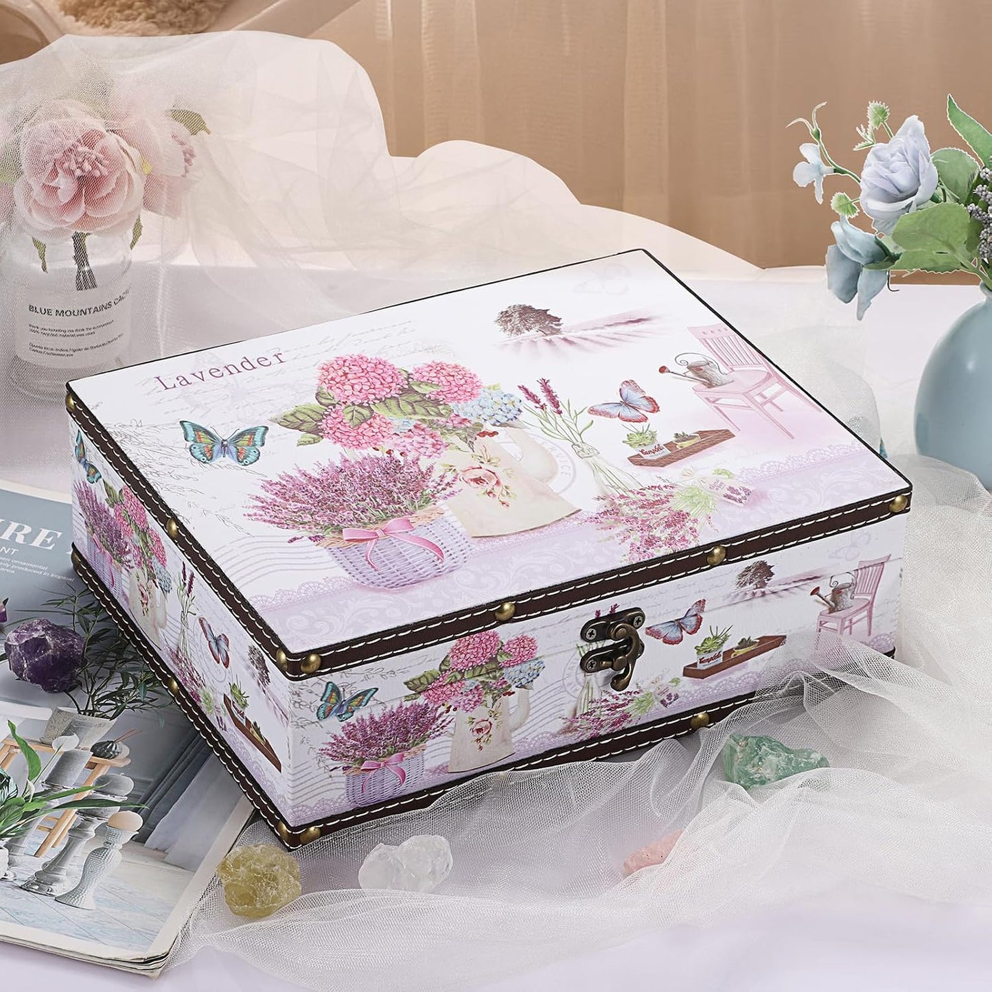 Wooden Treasure Chest Box / Lavender Pattern