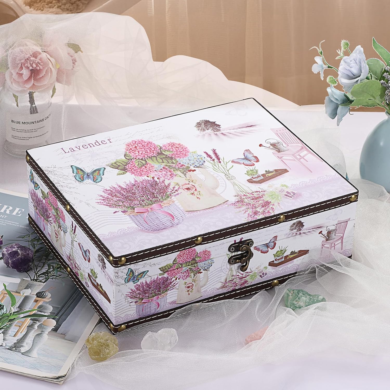 Wooden Treasure Chest Box / Lavender Pattern