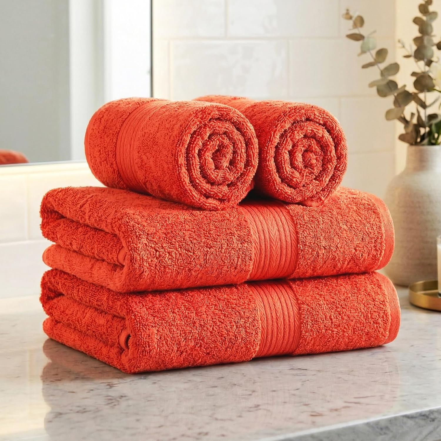 100% Cotton Hand Towels 18x28 Inches, 600 GSM, Soft & Absorbent, Set of 4, Orange