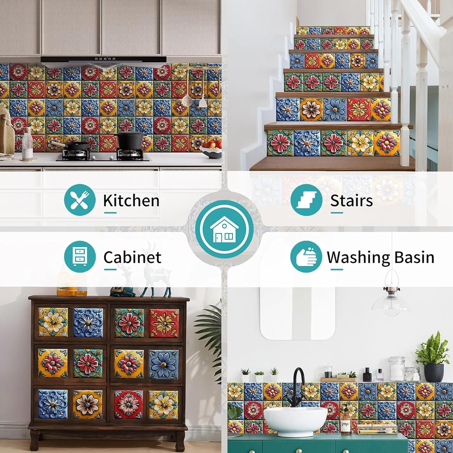 Removable Decals / Peel and Stick Backsplash Tiles / Art-04 / 5.9 x 5.9 / Set of 12