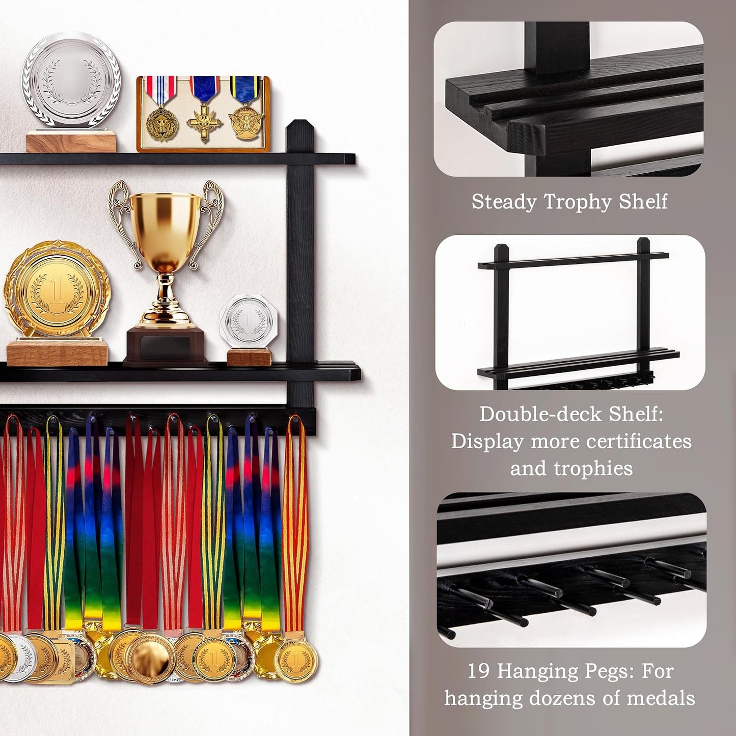 LAVIEVERT Wooden Medal Hanger & Trophy Shelf, Wall-Mounted Race Display with 2 Tier Storage Shelf and 19 Hanging Bars