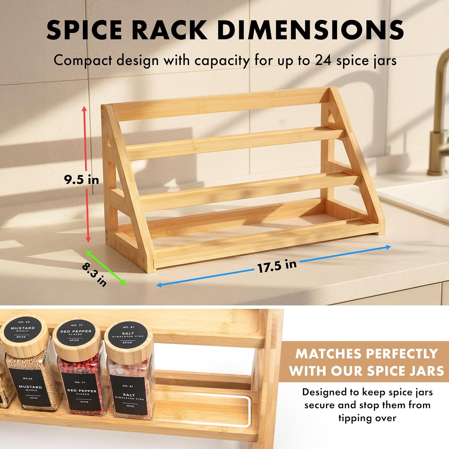 3 Tier Bamboo Spice Rack Organizer for Cabinet – Fits 24 Spice Jars, 17.5” Wide Countertop & Cabinet Organizer for
