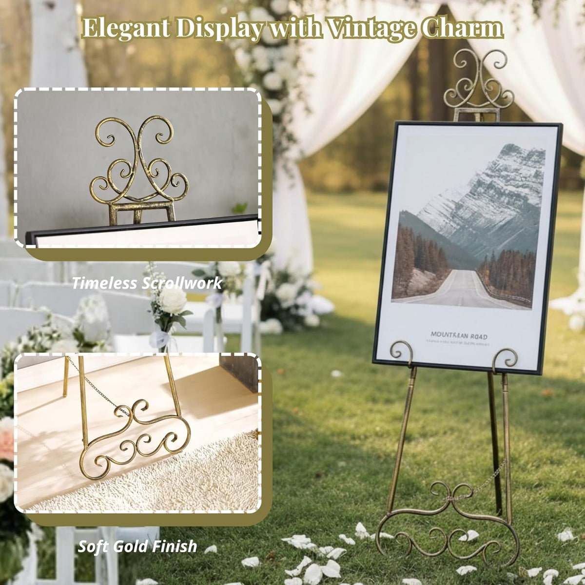 57”H Metal Easel Stand for Sign Vintage Gold Large Adjustable | Free Standing Display Scroll Easel Stand, Heavy Duty