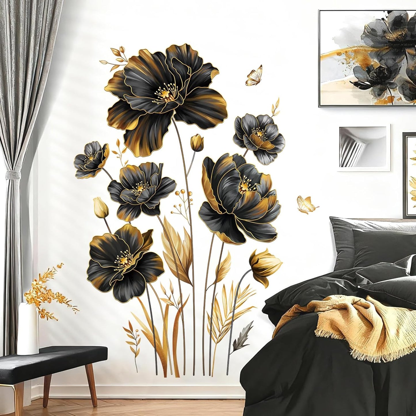 Large Gold Flower Wall Stickers Floral Gold Leaves Plants Butterfly Wall Decals Bedroom / Black