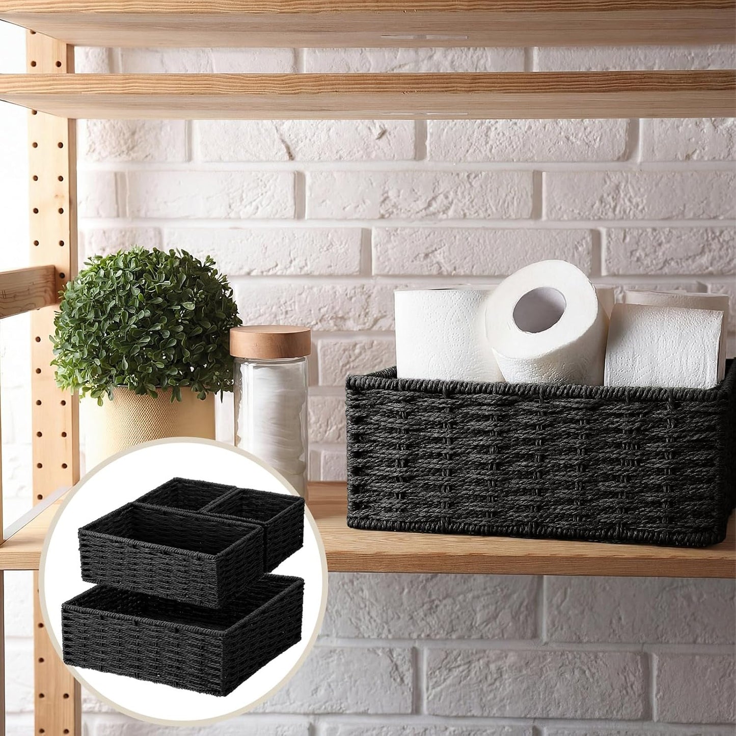 Storage Baskets Set Rustic Paper Rope Woven Decorative Basket / Classic / Black / Set of 4