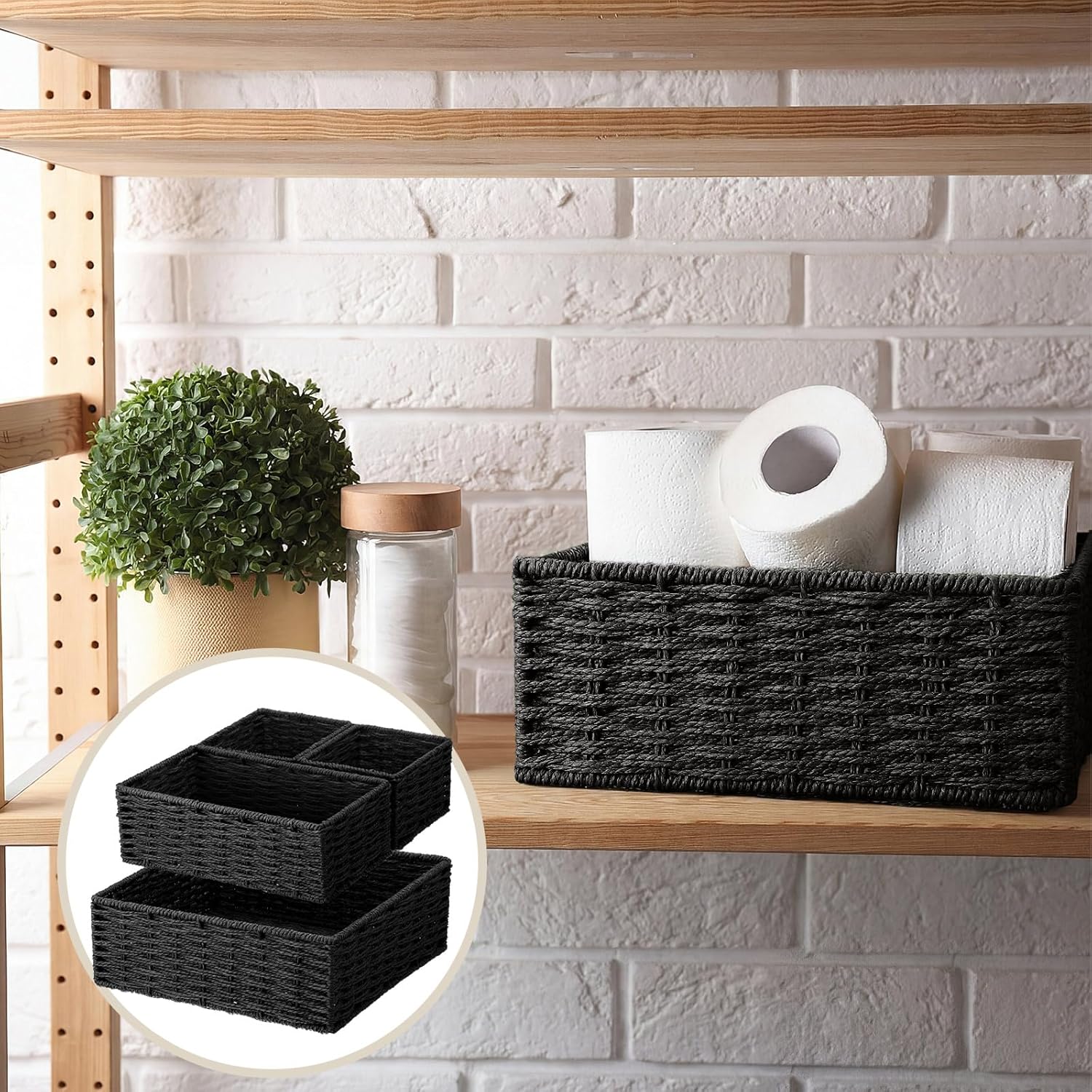 Storage Baskets Set Rustic Paper Rope Woven Decorative Basket / Classic / Black / Set of 4