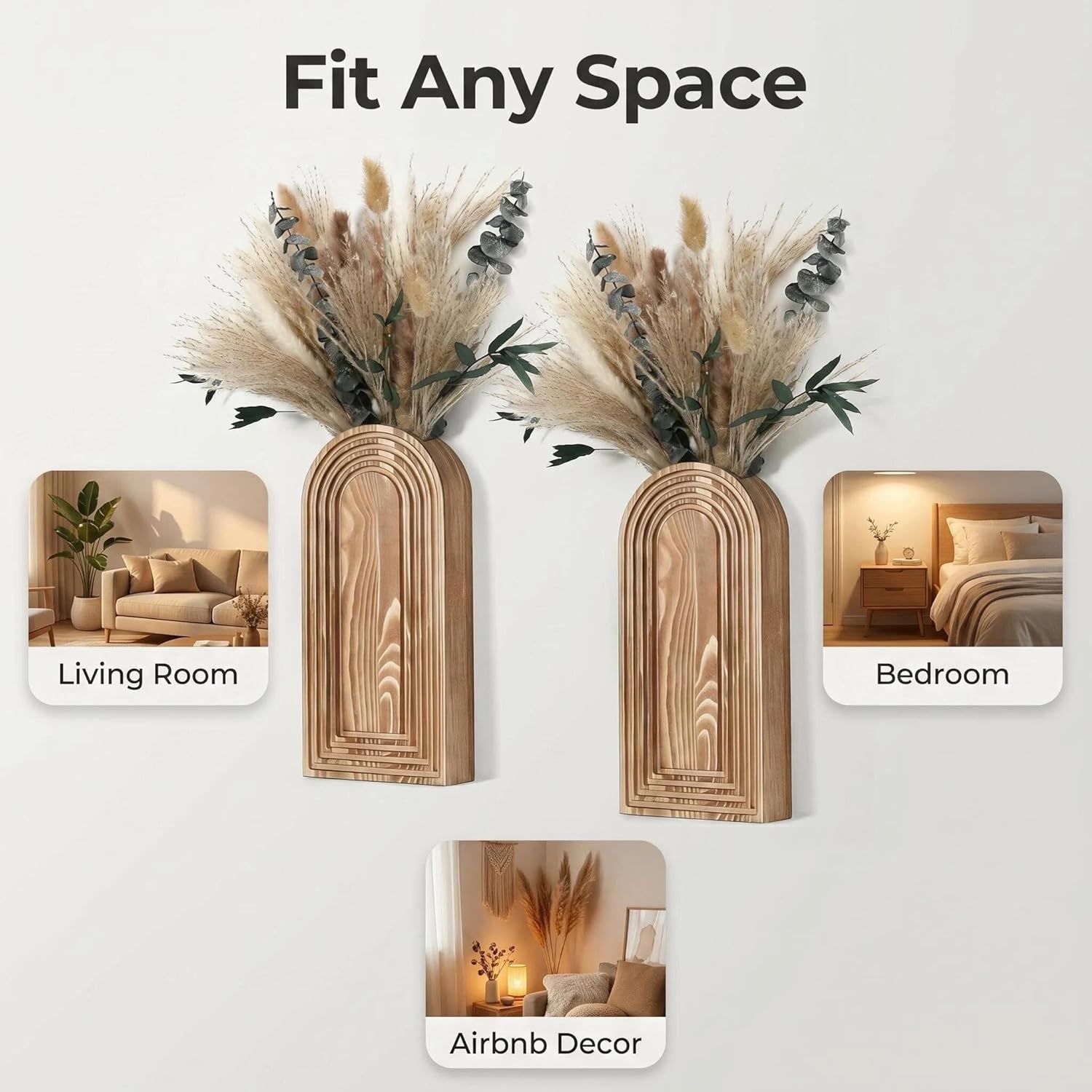 Wooden Wall Vases / Brown+dried Flowers / 2 PC / Set of 2