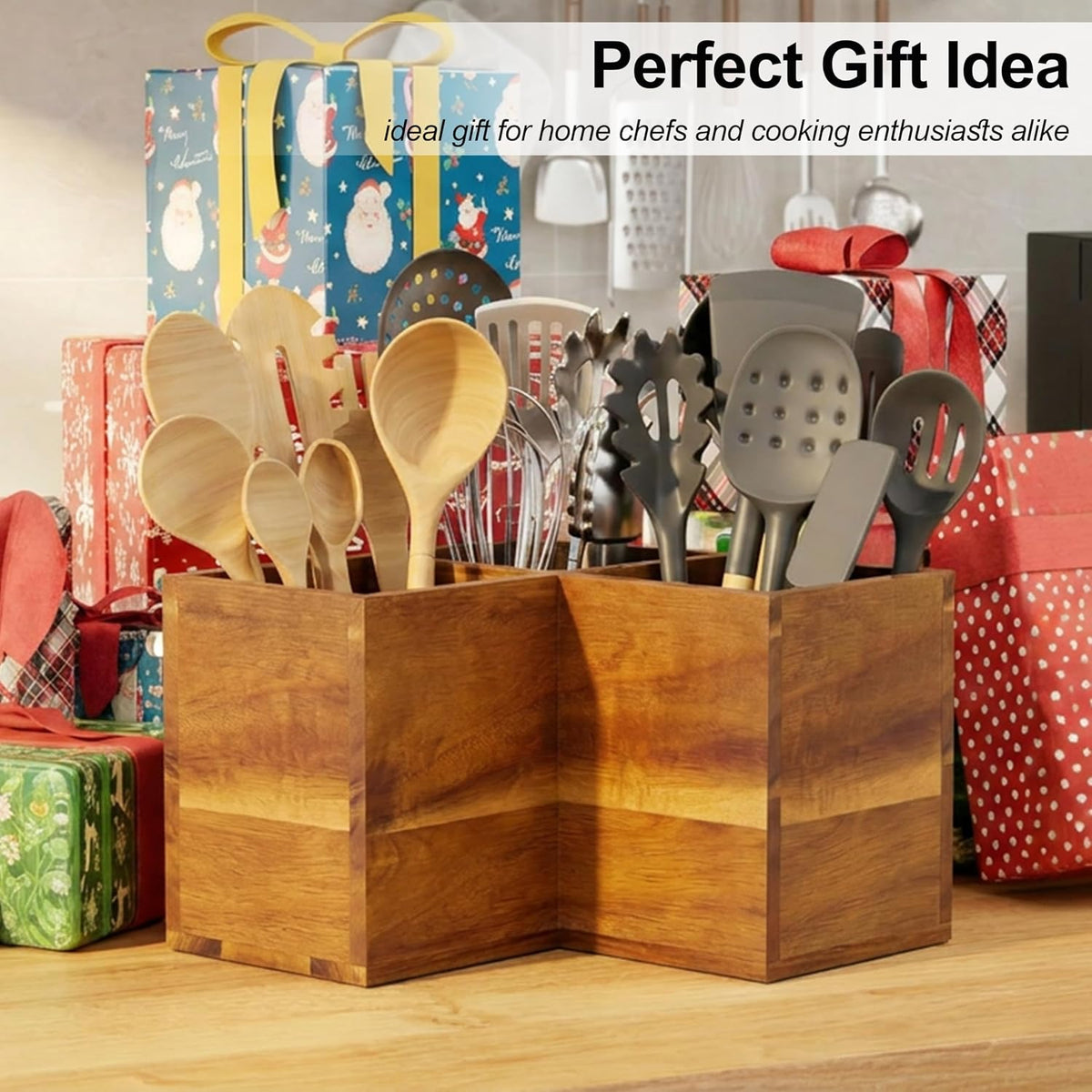 ZUJJAFY Utensil Holder, Corner Utensil Holder for Kitchen Counter, Acacia Wood Kitchen Utensil Holder for Countertop
