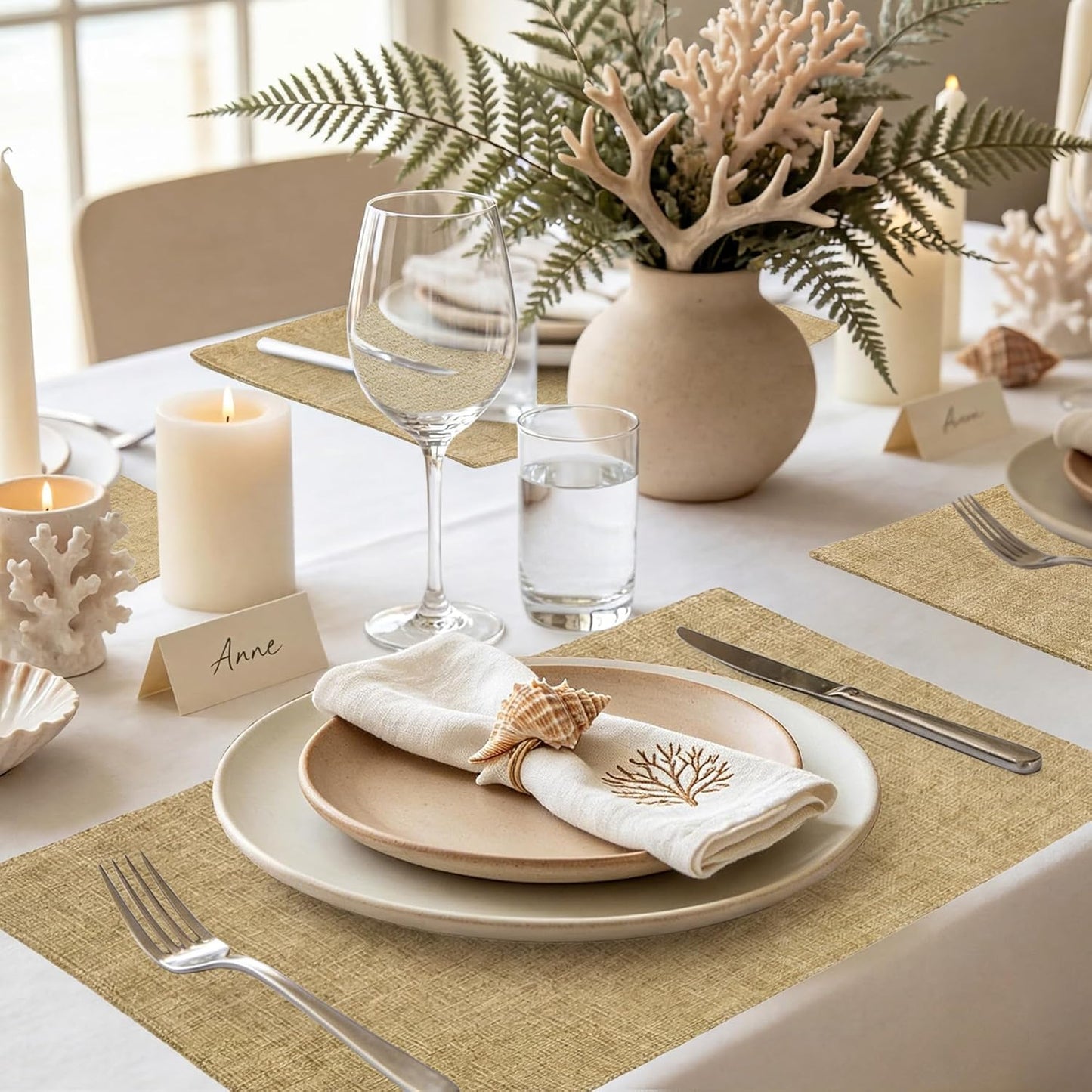 Faux Cotton Linen Placemats Set of 8, Cloth Washable Farmhouse Dining Table Mats for Indoors & Outdoors, Easy to Clean