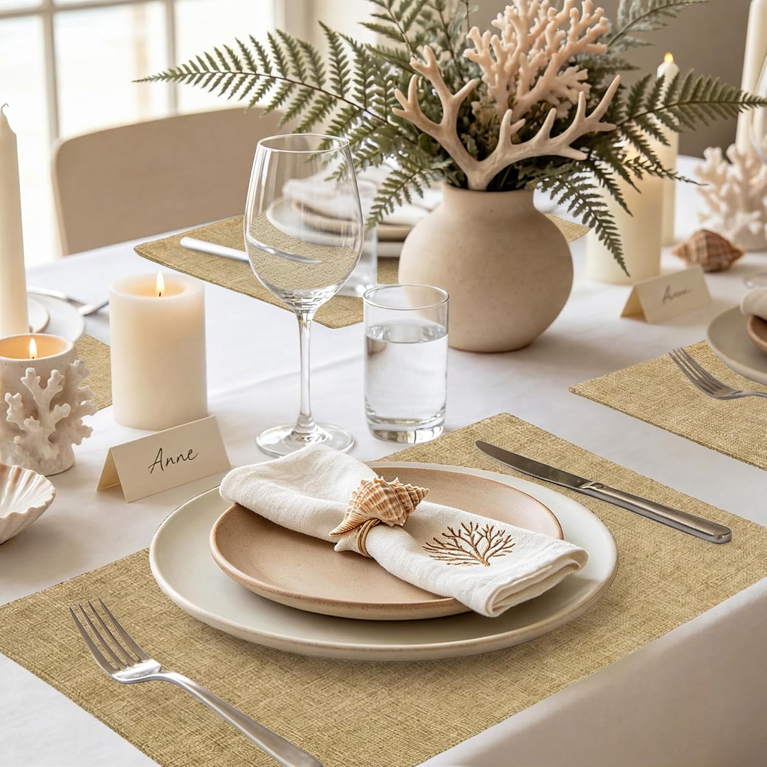 Faux Cotton Linen Placemats Set of 8, Cloth Washable Farmhouse Dining Table Mats for Indoors & Outdoors, Easy to Clean