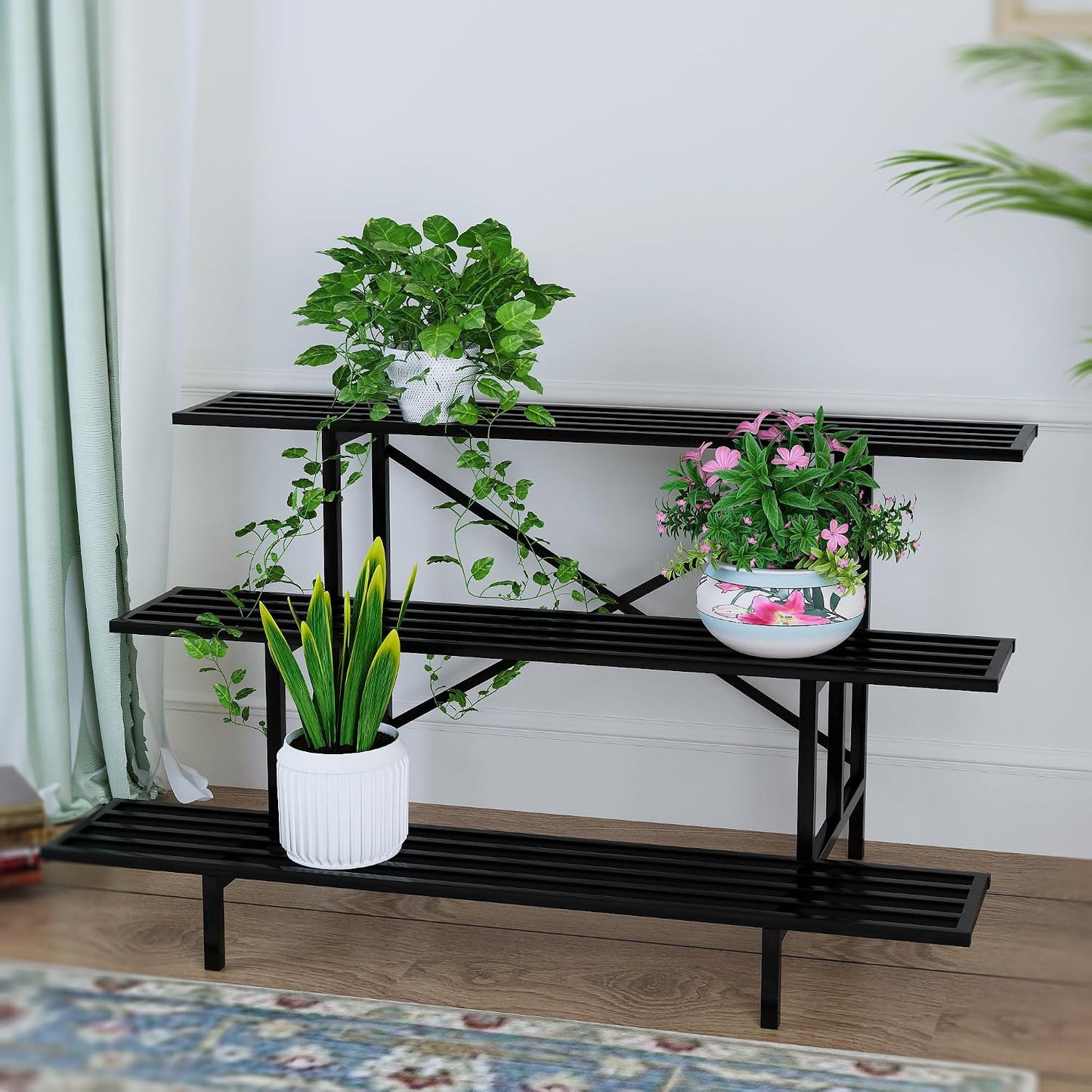 Zhongma 3 Tier Sturdy Metal Plant Stand, L45.67 x W26 x H23.6 inch, Heavy Duty Plant Holder for Home Indoor and