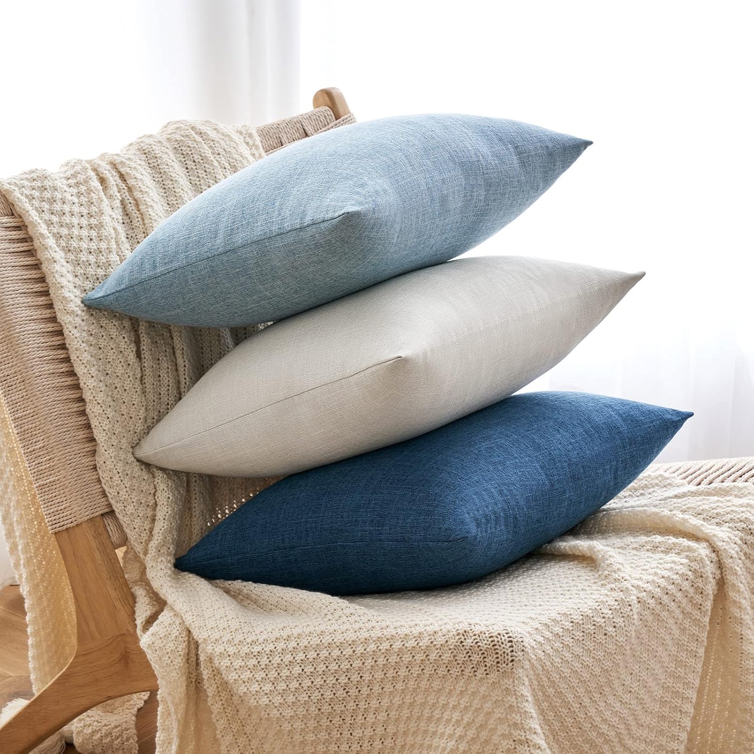 Decorative Linen Burlap Coastal Pillow Covers Farmhouse Accent / 18 x 18 / Blue / Set of 2