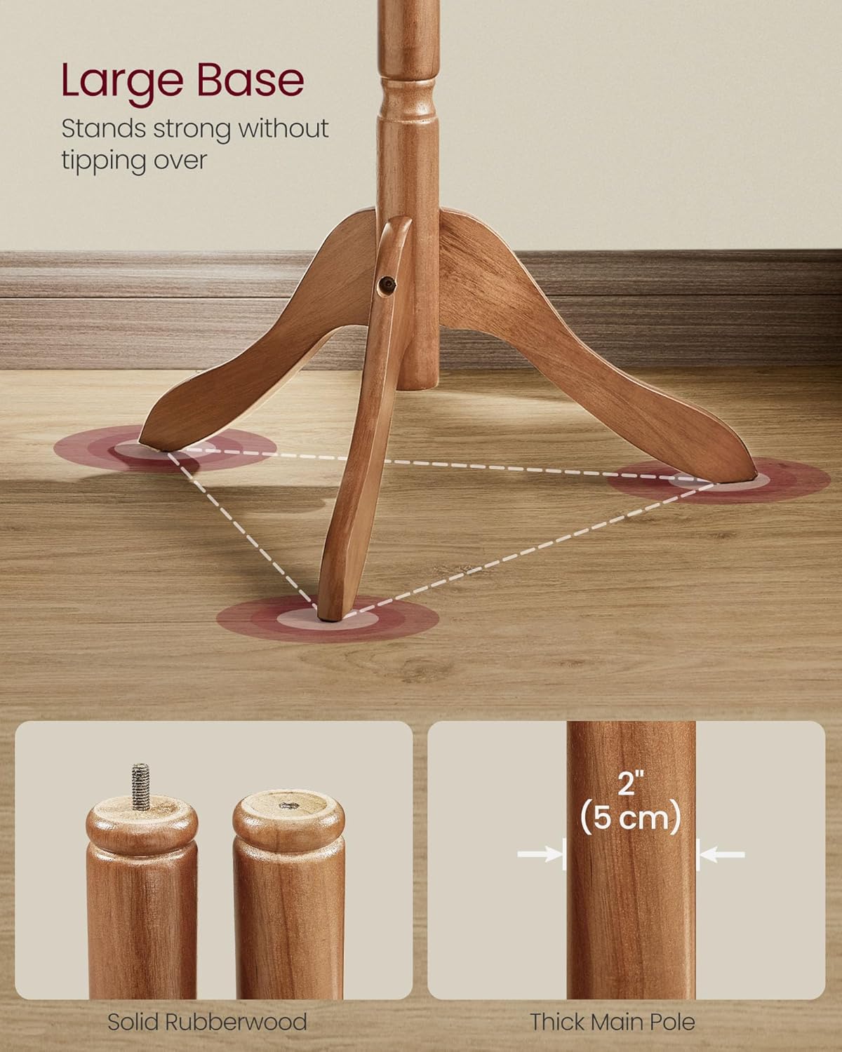 VASAGLE Solid Wood Coat Rack and Stand, Free Standing Hall Coat Tree with 10 Hooks for Hats, Bags, Purses, for