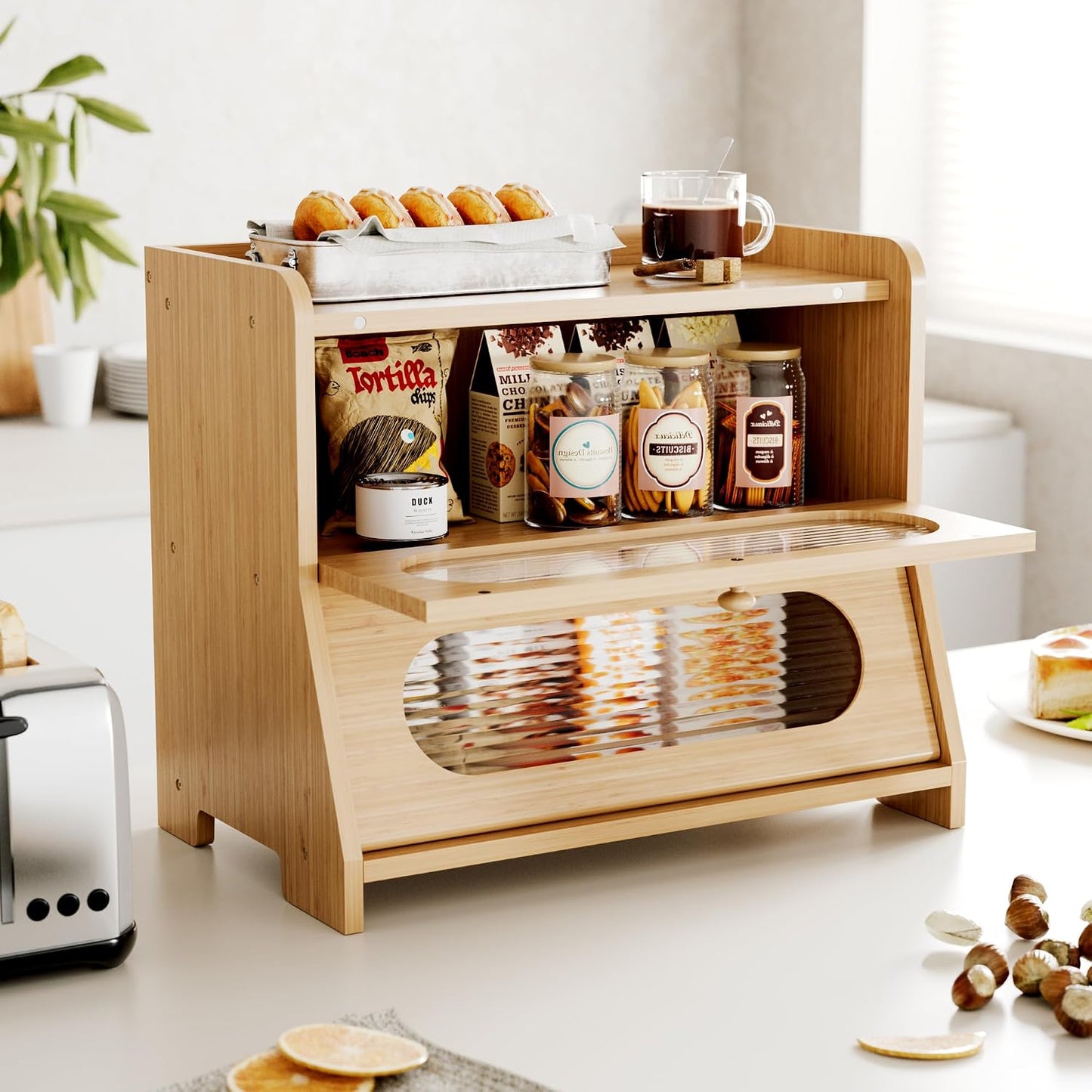 Bread Box,Extra Large 2-Tier Bamboo Bread Box for Kitchen Countertop,Bread Storage Container with Magnetic Acrylic Door
