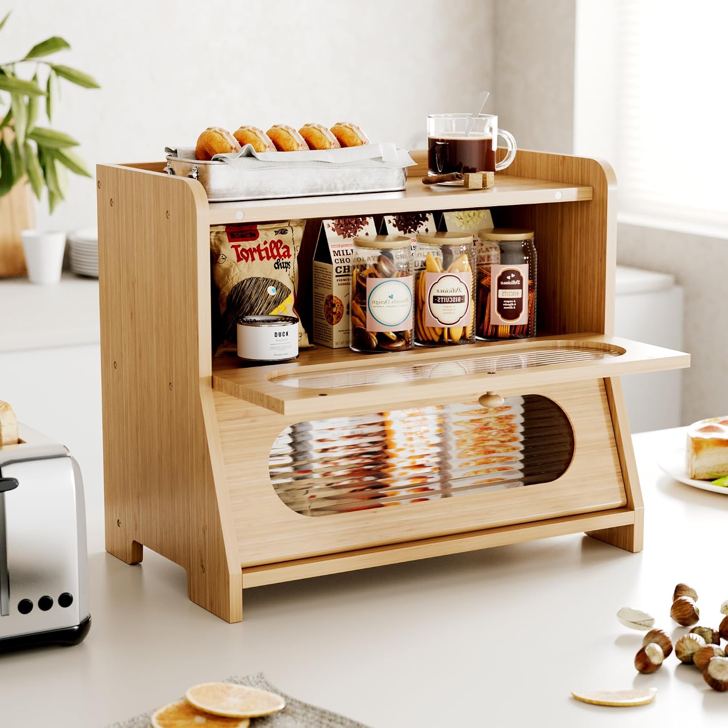 Bread Box,Extra Large 2-Tier Bamboo Bread Box for Kitchen Countertop,Bread Storage Container with Magnetic Acrylic Door