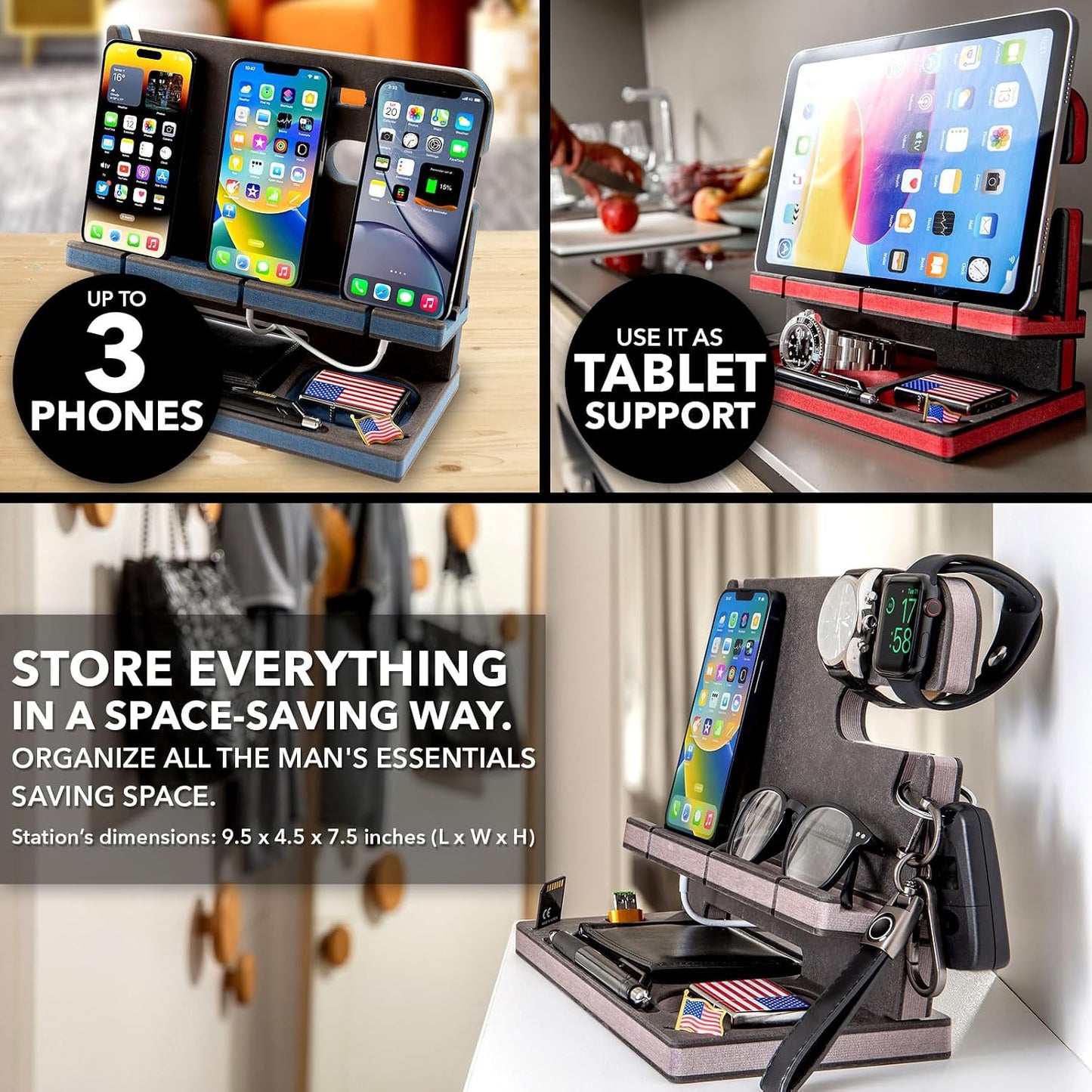 Personalized Wood Docking Station for Cell Phone, Tablet, Wallet, Gadgets, Watch, Keys, Accessories, Essentials Desk