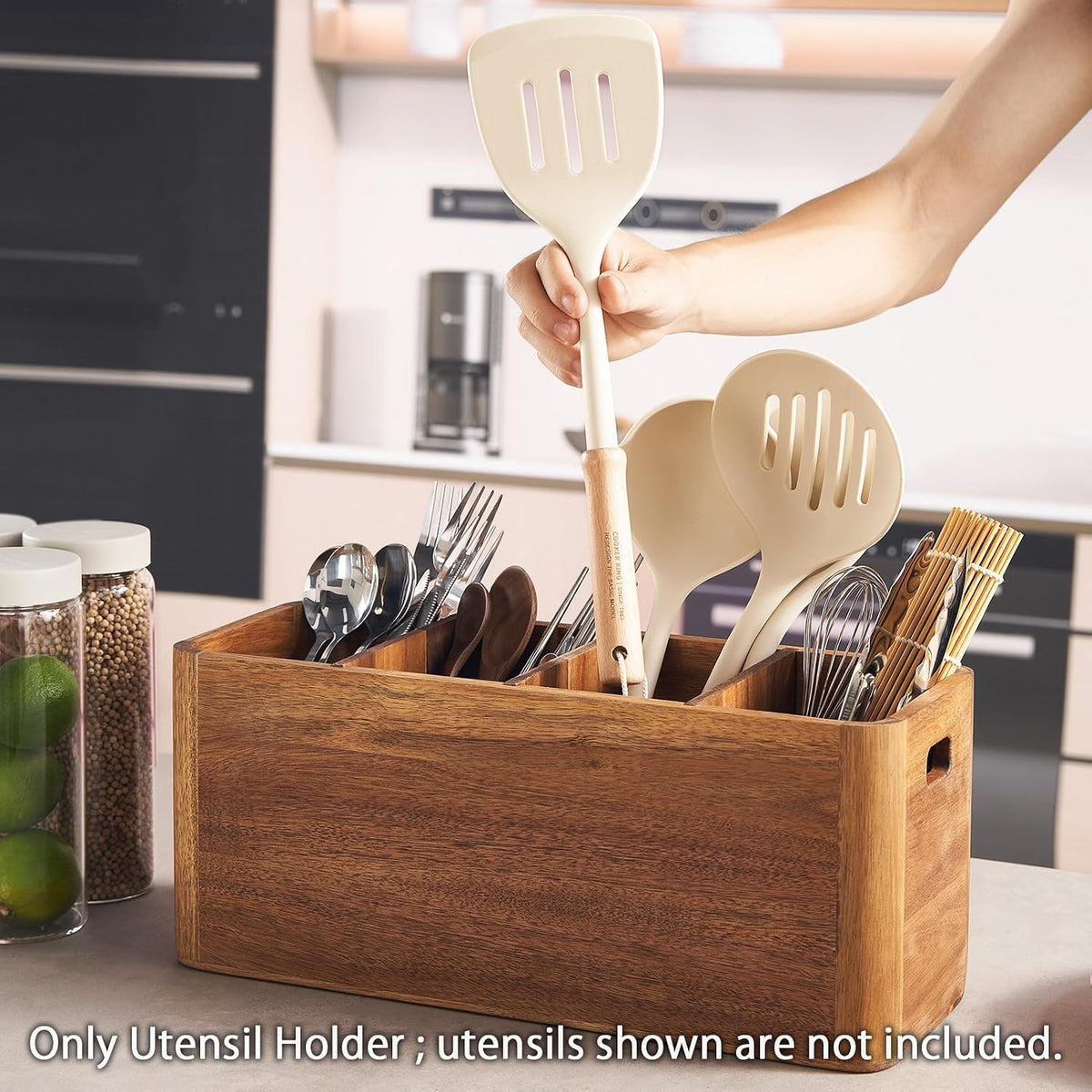 16" Wooden Kitchen Utensil Holder, Extra Large Acacia Wood Organizer for Cooking Tools, Utensils & Cutlery Storage –