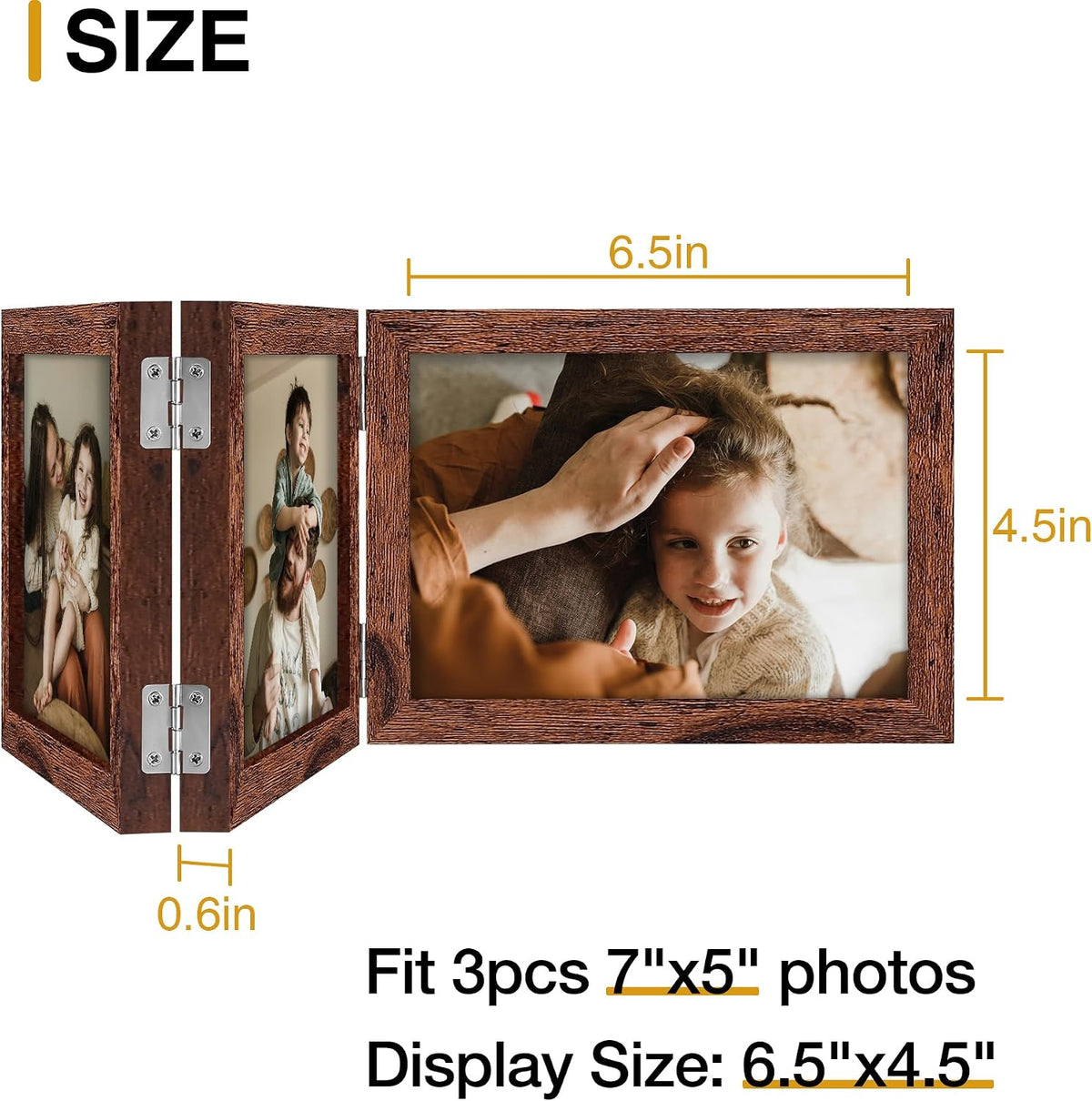 decorUhome Distressed Brown Triple 7x5 Picture Frame Horizontal, MDDBN08 | "Z" Shape Folding Design Engineered Wood