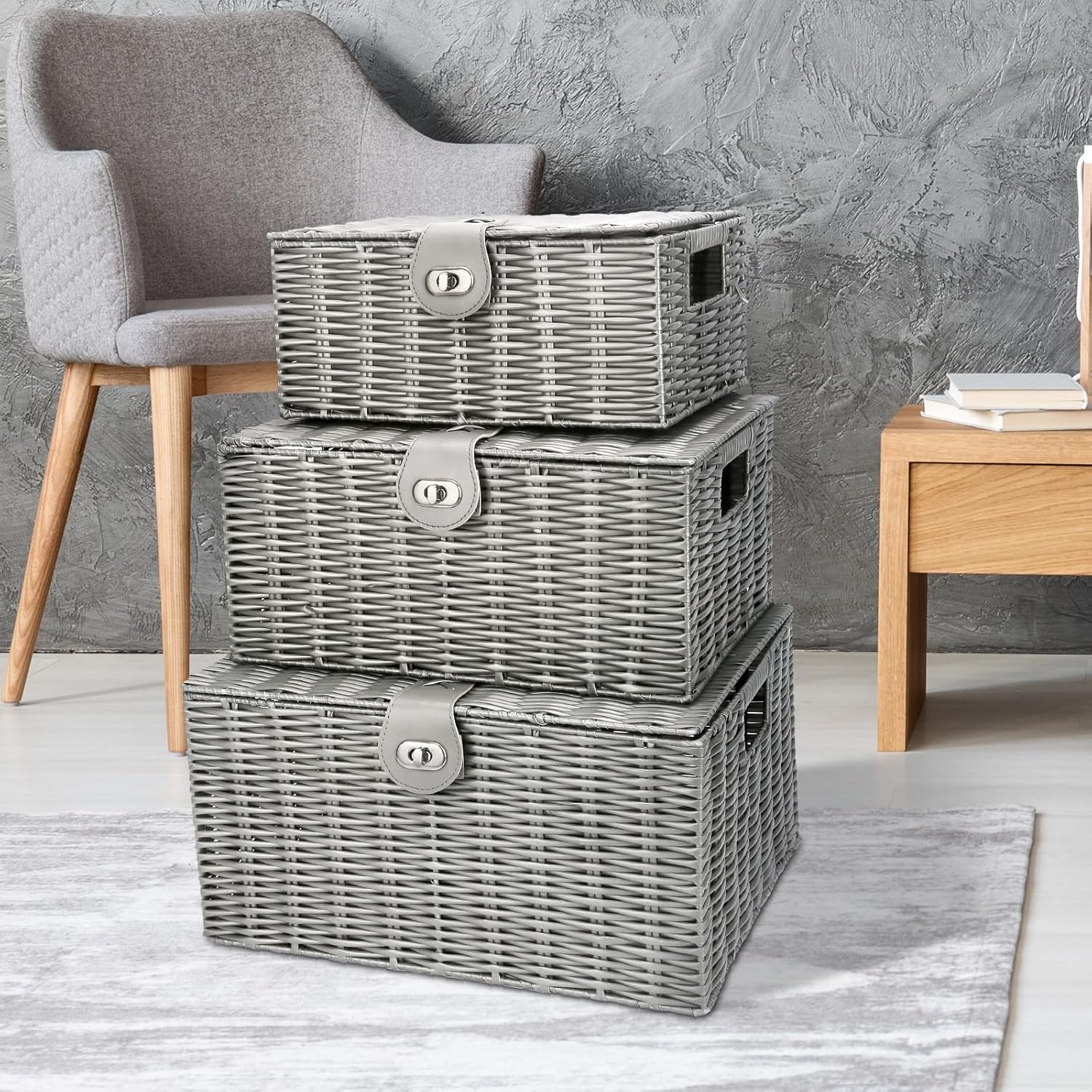 Woven Basket / Wicker Storage Baskets / Grey / Set of 3