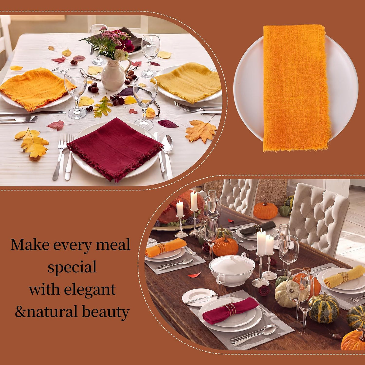 TURSTIN 24 Pieces Thanksgiving Cotton Linen Cloth Napkin Handmade Cloth | Fall Napkin with Fringe 17 x 17 Inch Soft