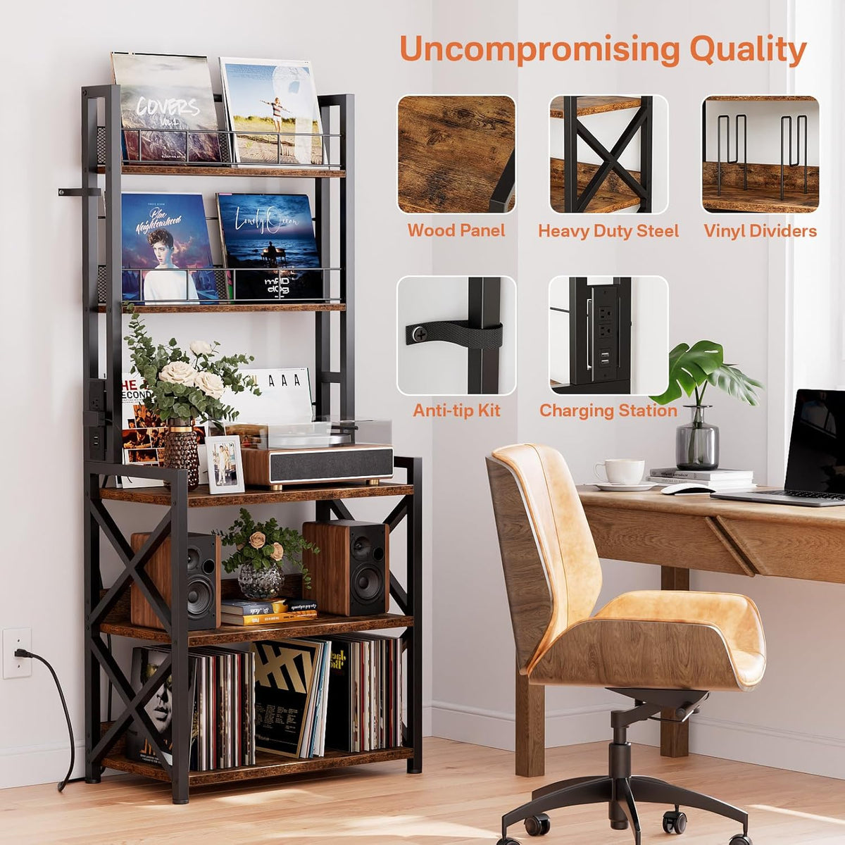 Record Player Stand with Power Outlet - Turntable Display Shelf | 5-tier Vinyl Record Storage Rack Holds 300 LPs, Media