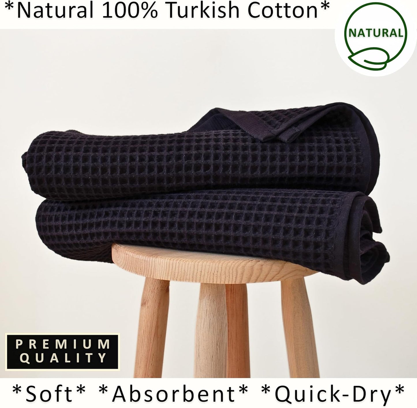 PÜSKÜL Natural 100% Turkish Cotton Waffle Bath Towels Set of 2, Extra-Large | Black, Oversize 32x63" Bath sheet towel