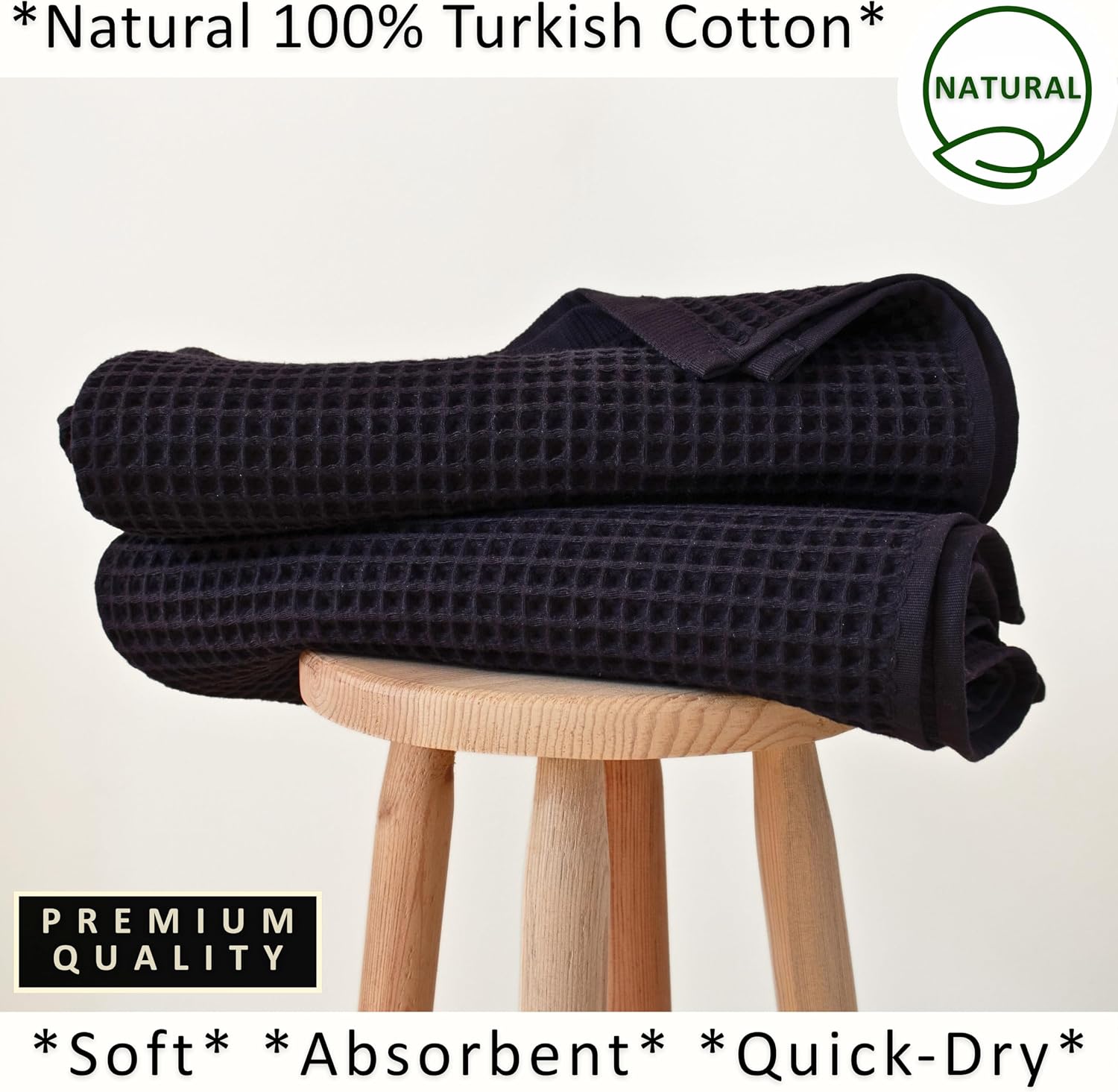 PÜSKÜL Natural 100% Turkish Cotton Waffle Bath Towels Set of 2, Extra-Large | Black, Oversize 32x63" Bath sheet towel