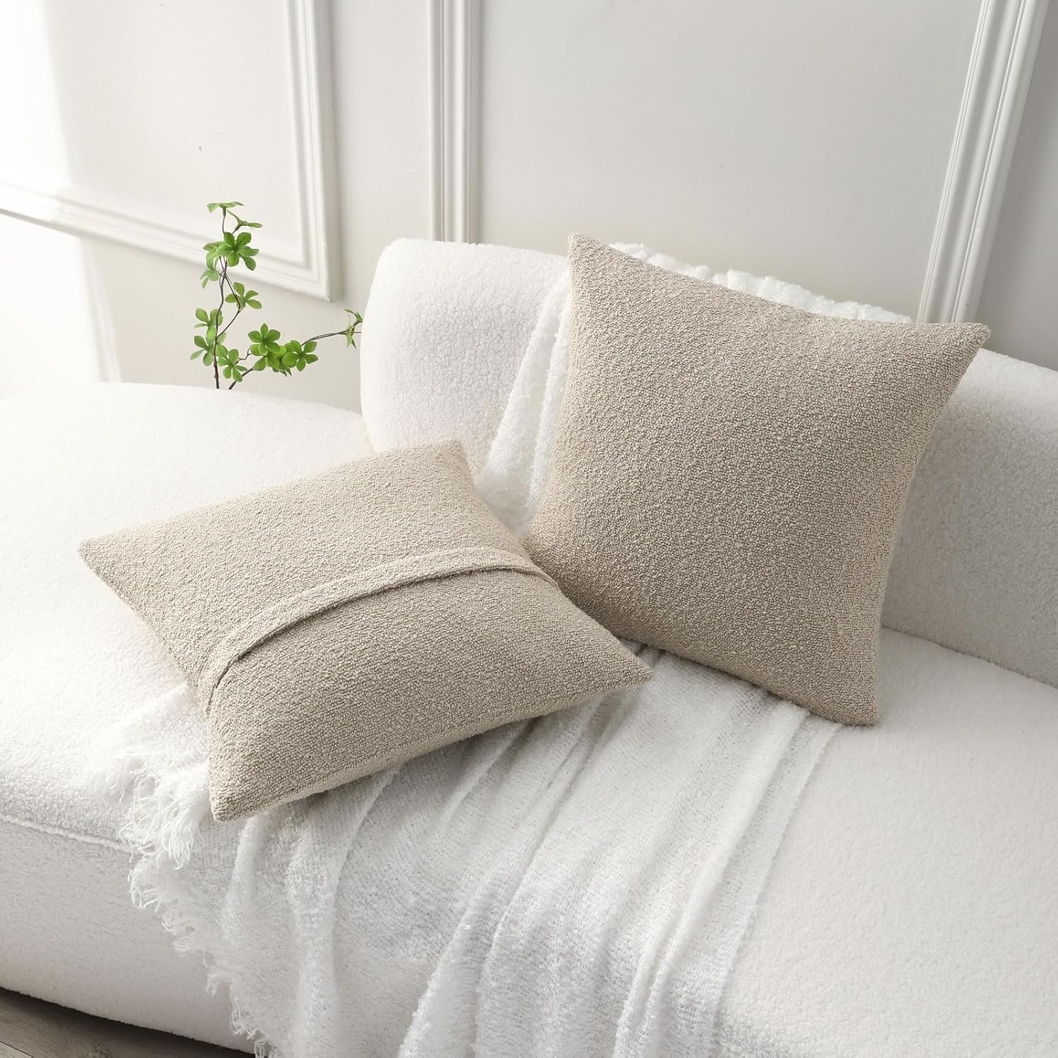 Decorative Throw Pillow Covers Soft Solid Boucle Textured Cushion Case / Beige / 18 x 18 / Set of 2