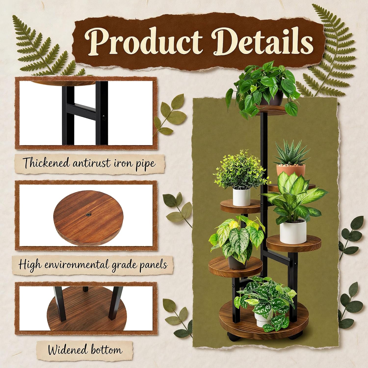 5 Tier Plant Stand With 4 Wheels | Metal Wood Tall Plant Stands For Indoor Plants Multiple, Corner Tiered Flower Plants