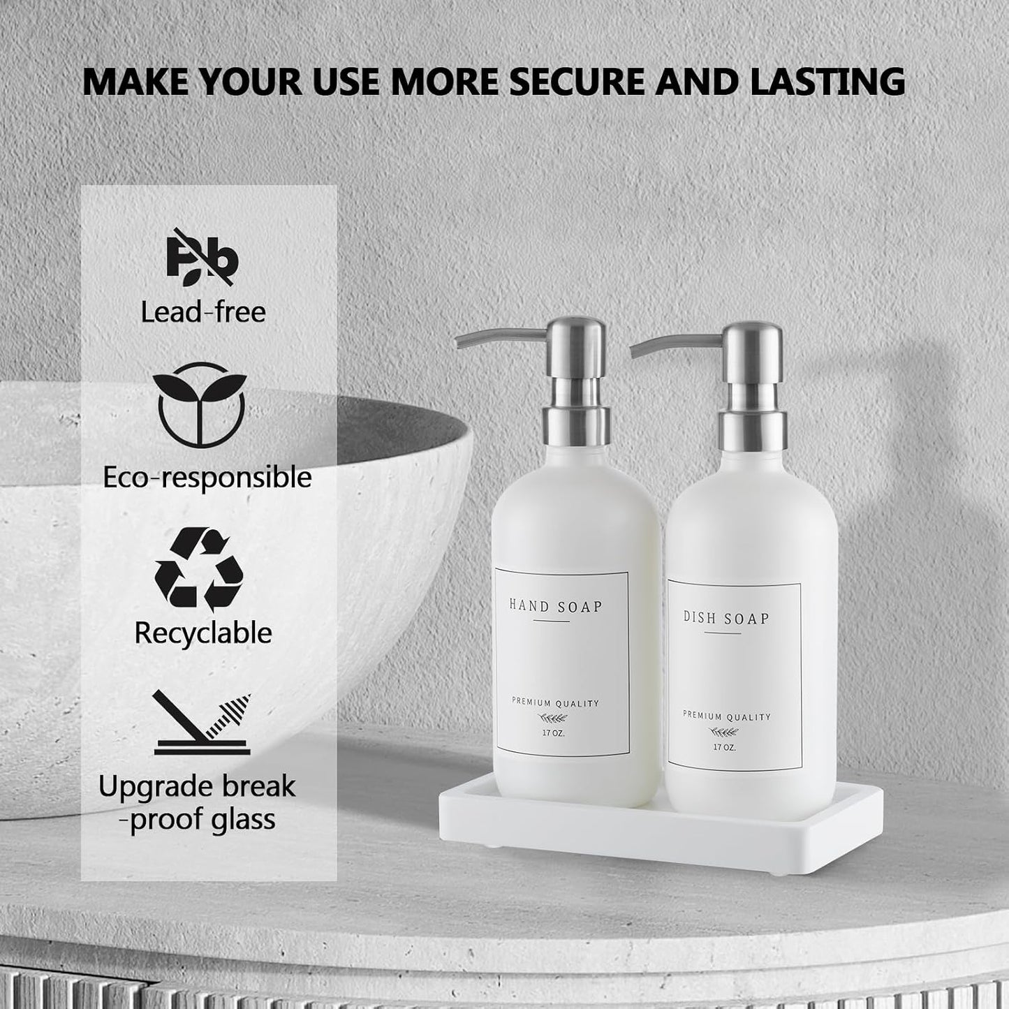 Thick Glass Soap Dispenser - Kitchen Dish Hand Soap Dispenser Set, Rustproof Pump Soap Lotion Dispenser Bathroom with